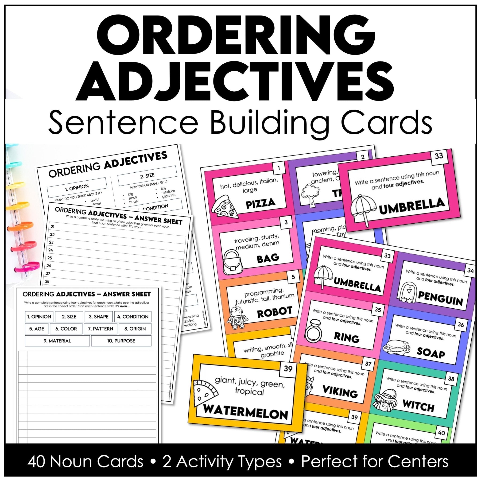 Ordering Adjectives & Sentence Building Cards – ESL Grammar Sort & Writing Activity - Hot Chocolate Teachables