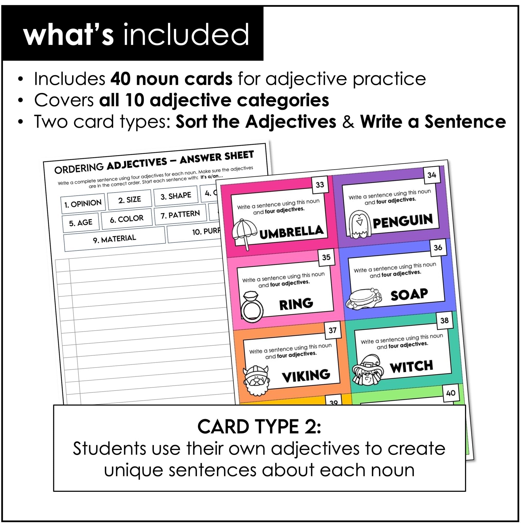 Ordering Adjectives & Sentence Building Cards – ESL Grammar Sort & Writing Activity - Hot Chocolate Teachables