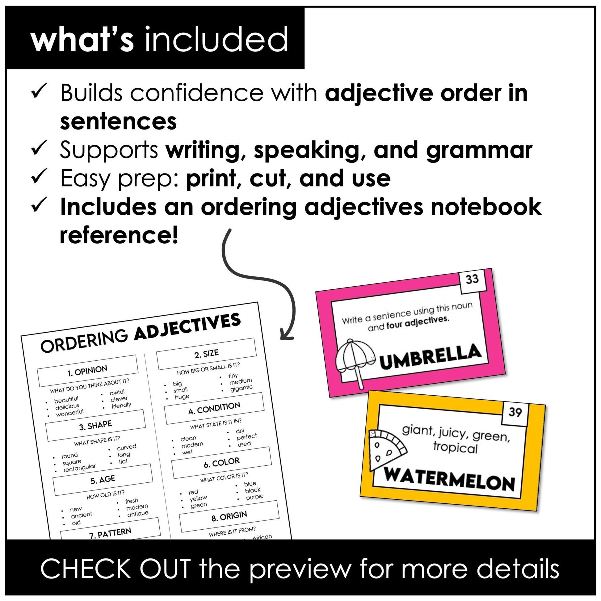Ordering Adjectives & Sentence Building Cards – ESL Grammar Sort & Writing Activity - Hot Chocolate Teachables