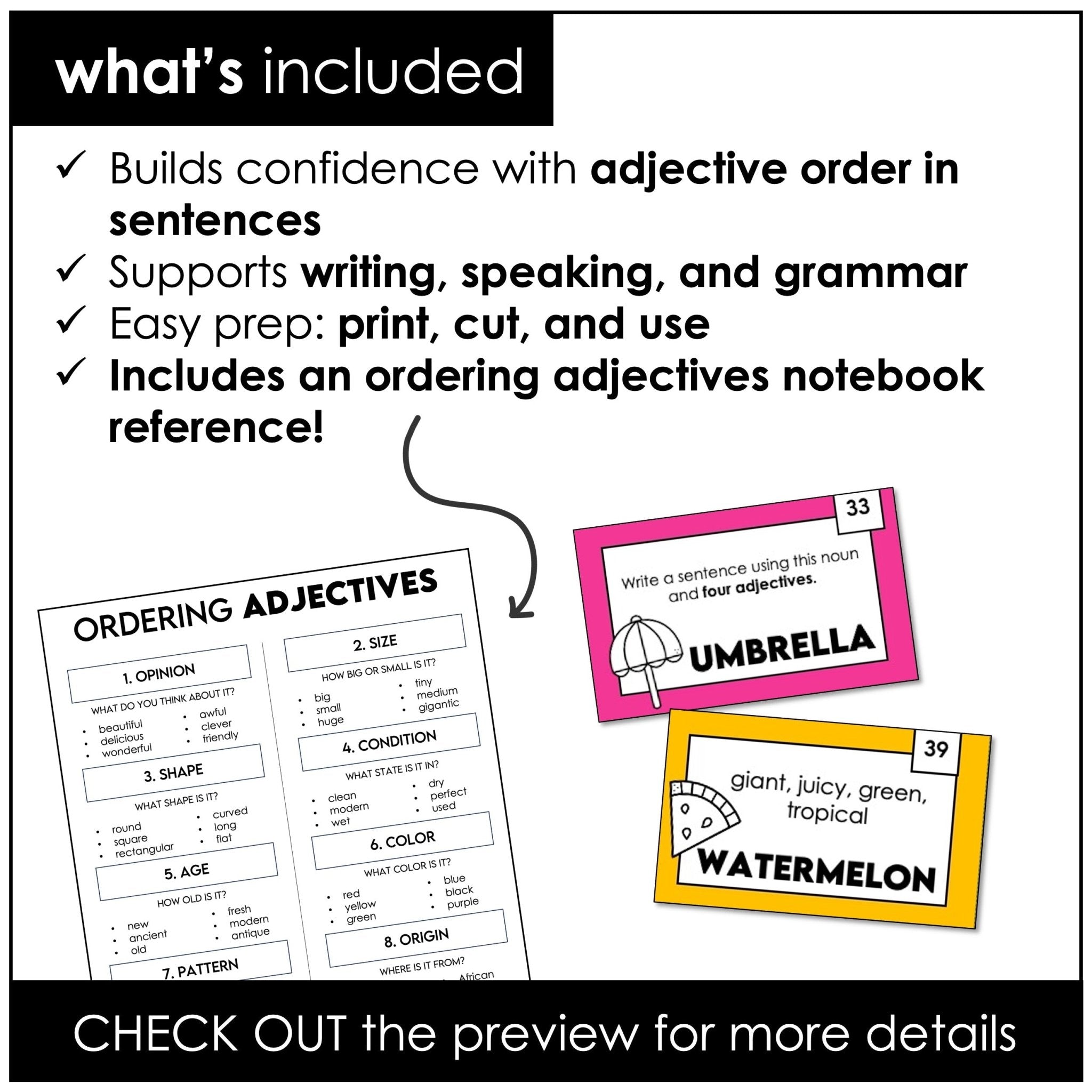 Ordering Adjectives & Sentence Building Cards – ESL Grammar Sort & Writing Activity - Hot Chocolate Teachables