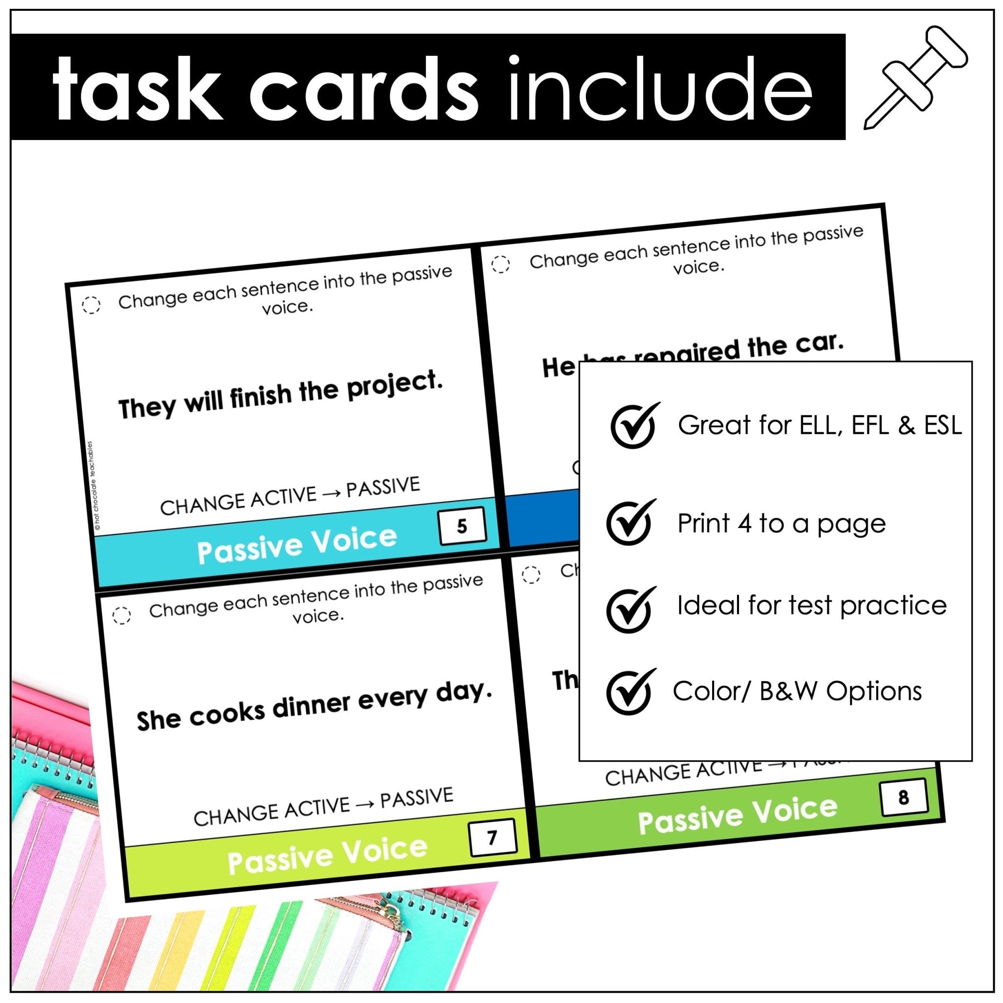Passive Voice Task Cards – Active to Passive ESL Grammar Activity (B1–B2) - Hot Chocolate Teachables