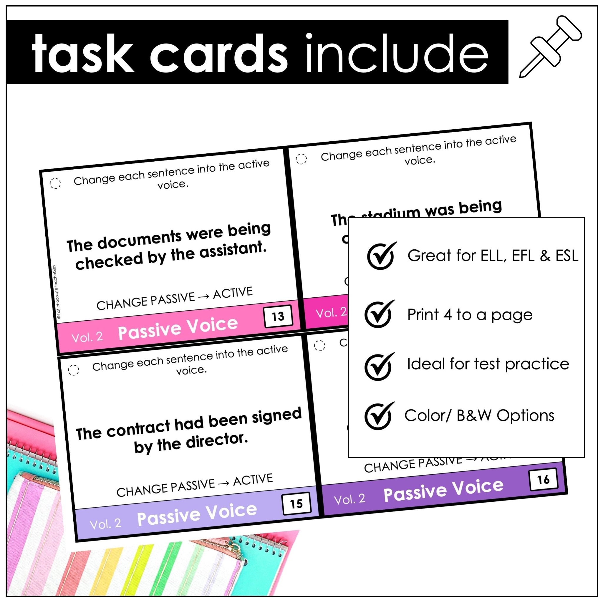 Passive Voice Task Cards – Advanced ESL Grammar (Modals, Past Perfect, Continuous, Future) - Hot Chocolate Teachables