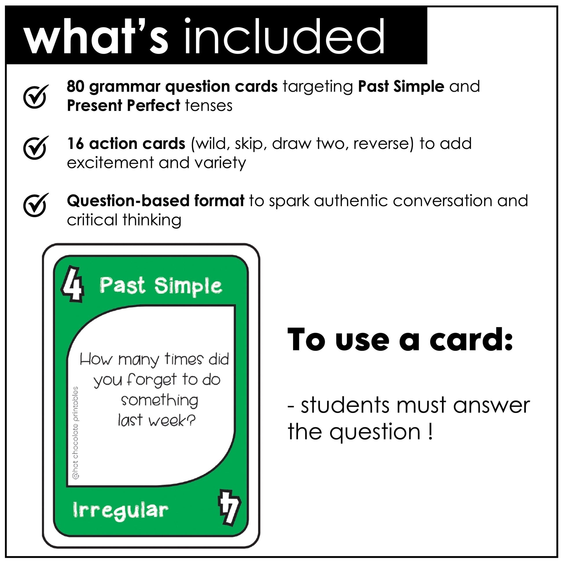 Past Simple and Present Perfect Questions: Verb Tense Card Game - Hot Chocolate Teachables