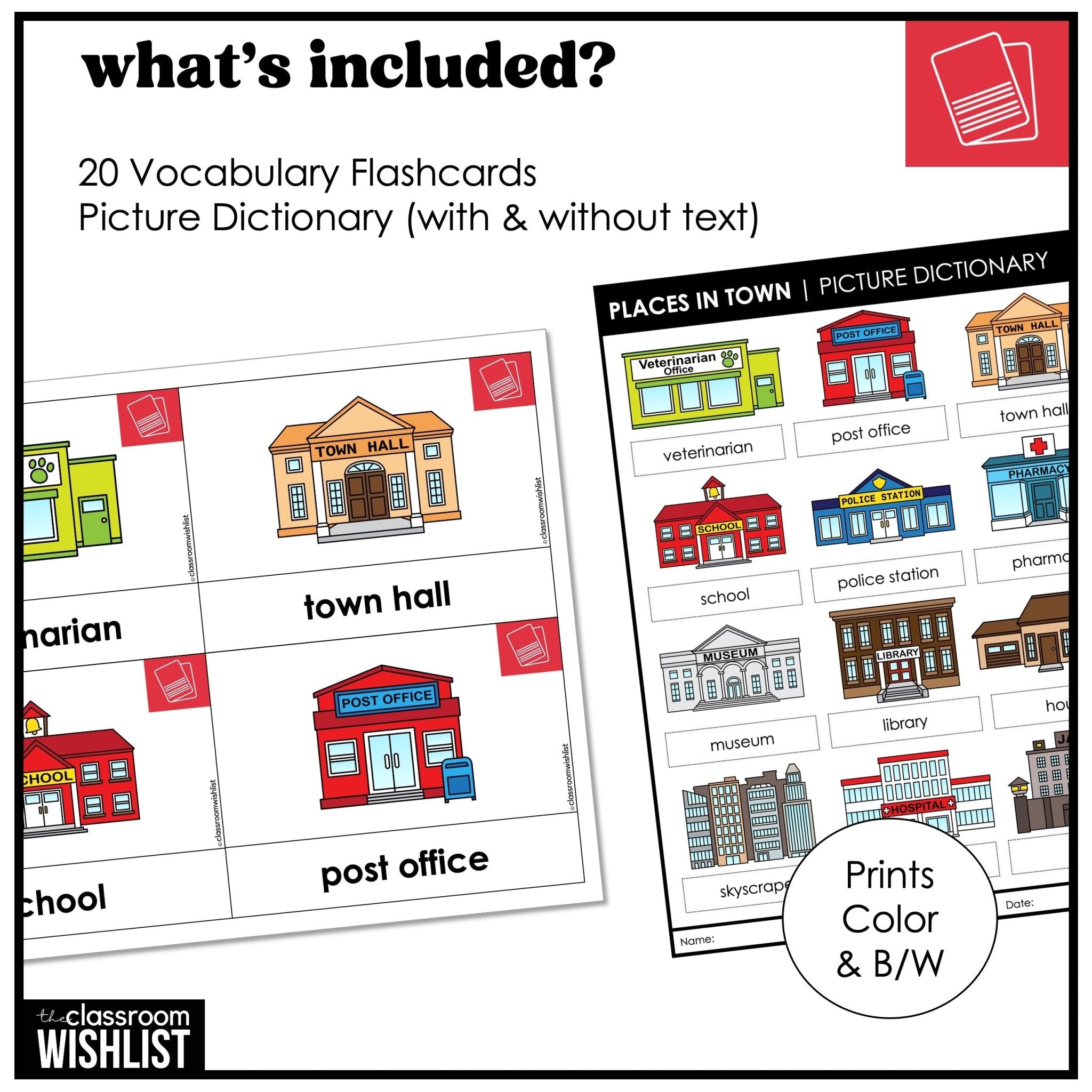 Places in Town Vocabulary Flashcards | Digital + Print | City Buildings | ESL - Hot Chocolate Teachables