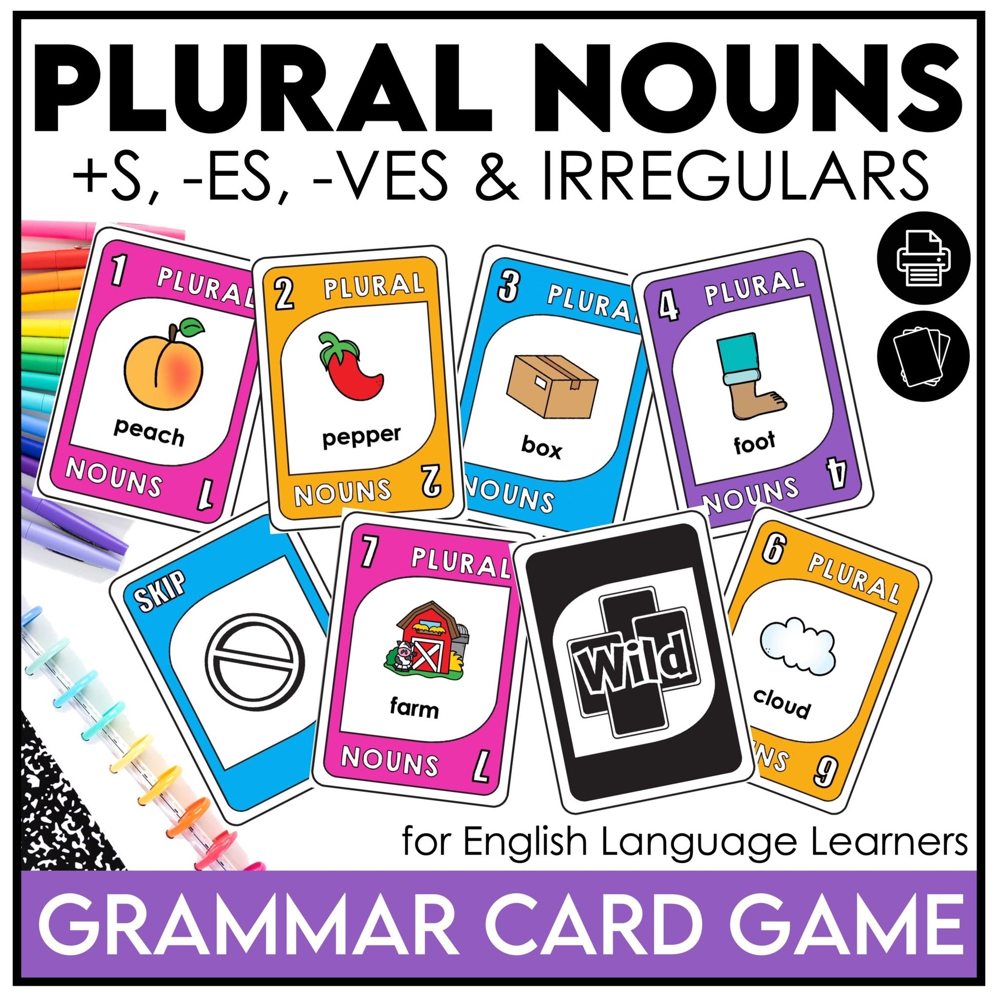 Plural Noun Endings card game - s, - es, - ies, and - ves and irregulars - Hot Chocolate Teachables
