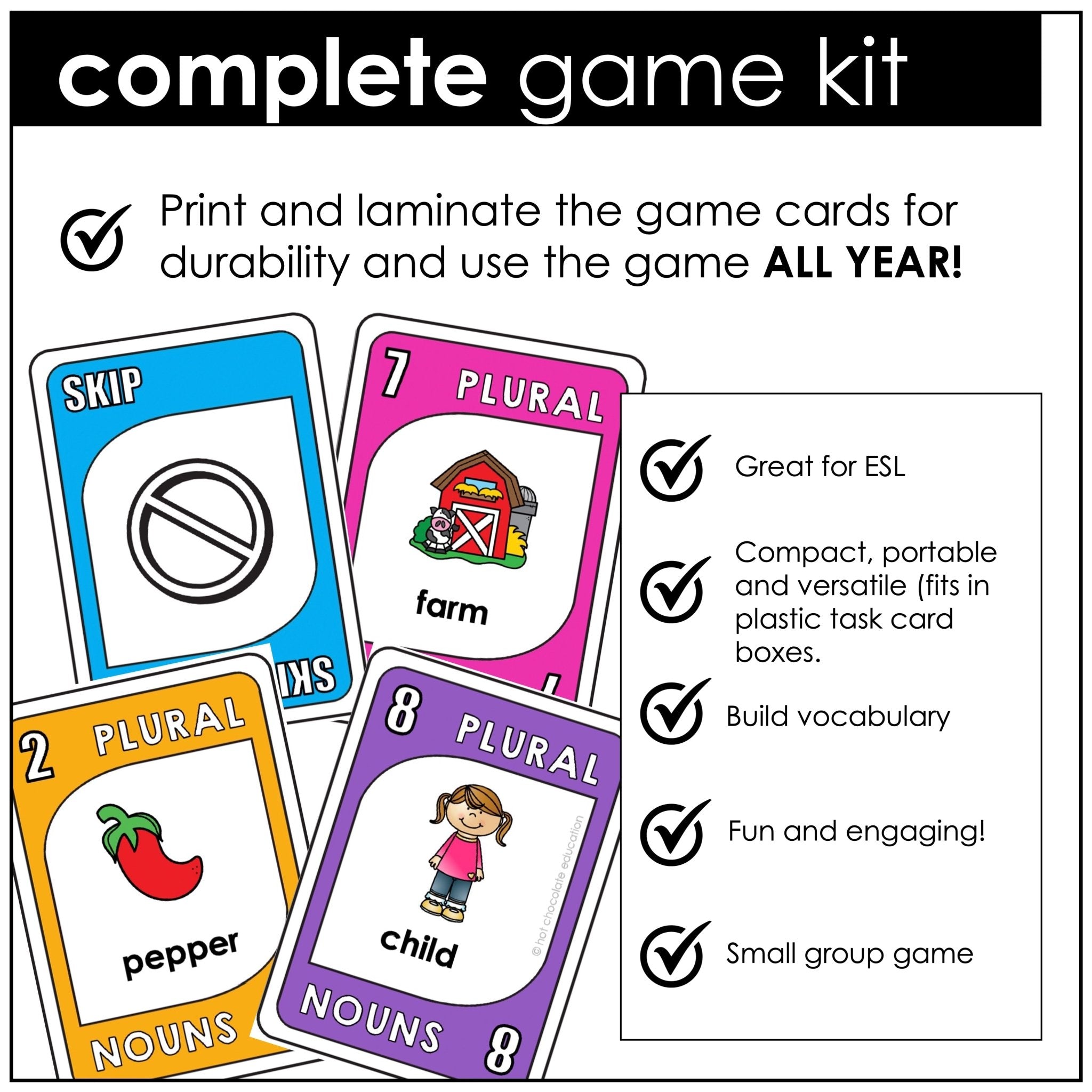 Plural Noun Endings card game - s, - es, - ies, and - ves and irregulars - Hot Chocolate Teachables