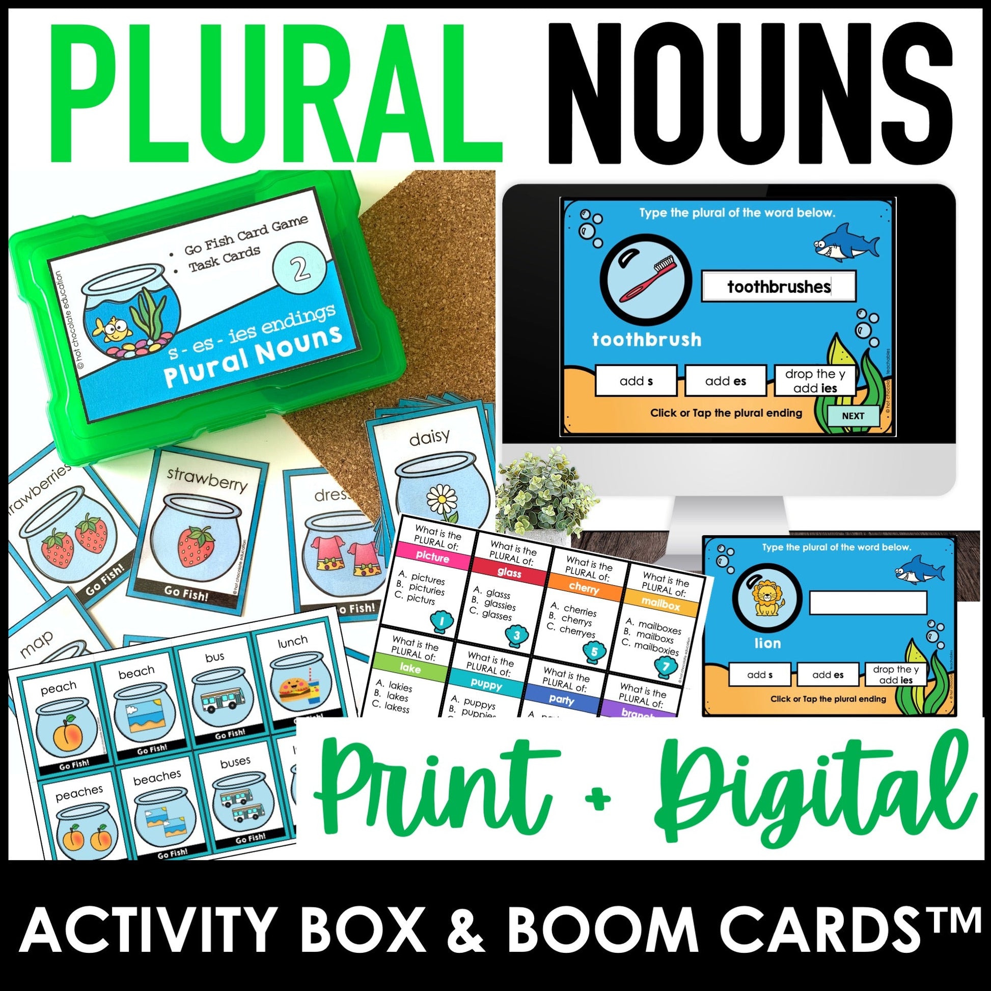 Plural Nouns | Go Fish Card Game | Printable Task Cards & Boom Card™ Bundle - Hot Chocolate Teachables
