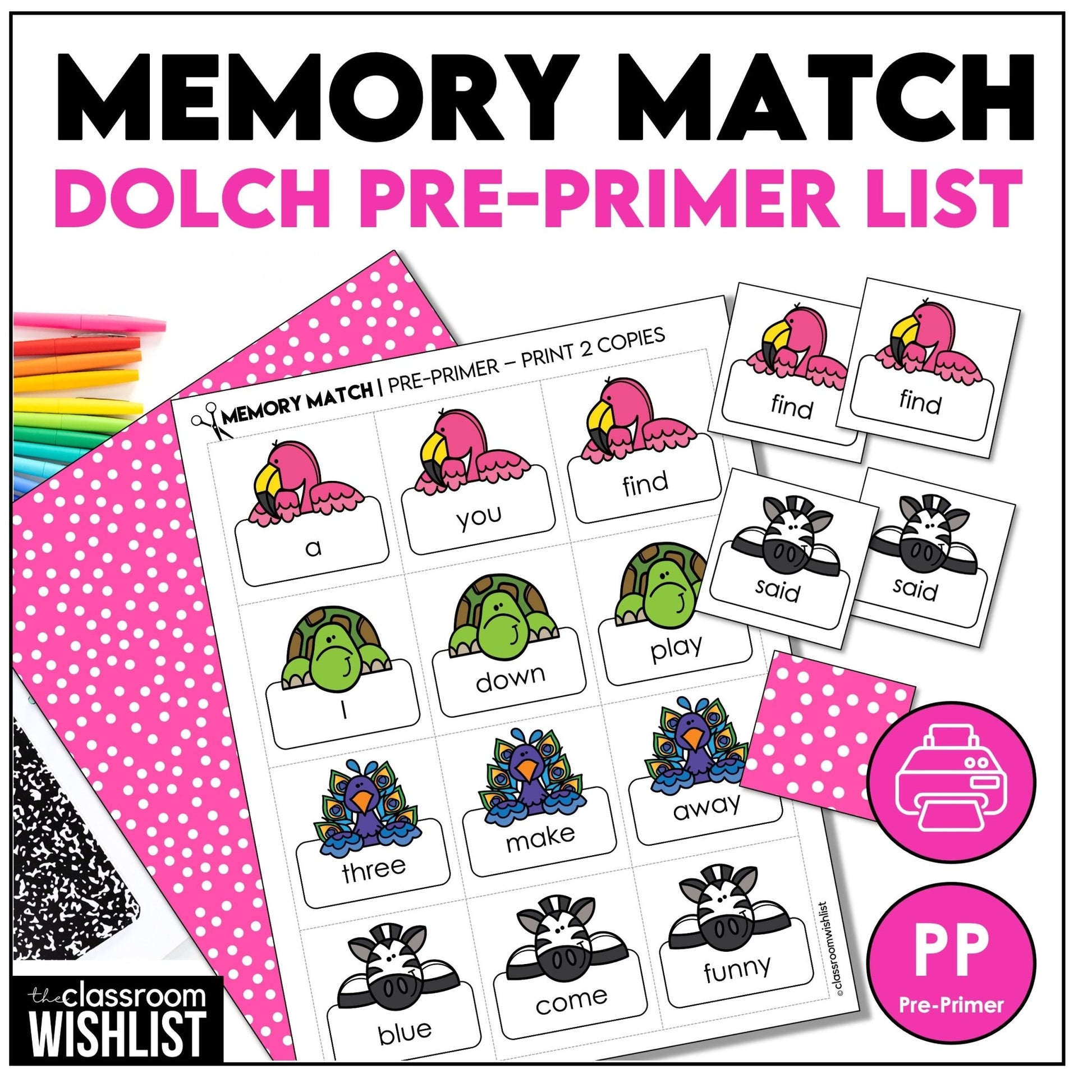 Pre - Primer Sight Words Memory Match Game – Dolch High - Frequency Words for Pre - K & Kindergarten - Hot Chocolate Teachables