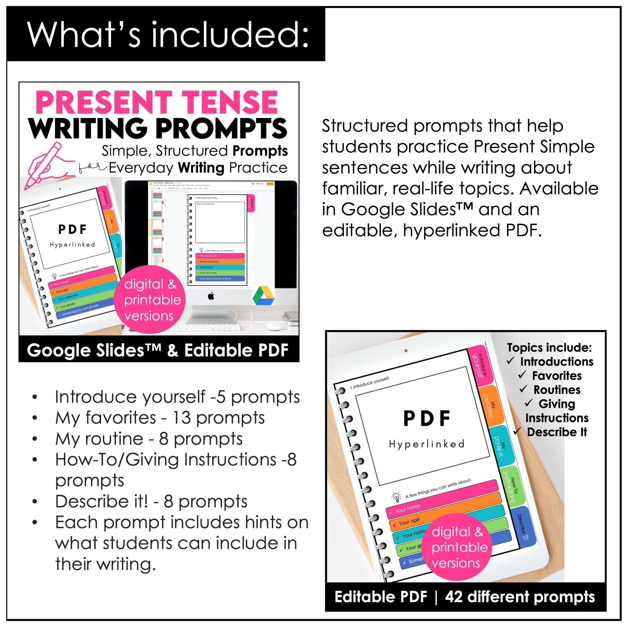 Present & Past Simple Writing Prompts Bundle – ESL Digital Writing Journals - Hot Chocolate Teachables