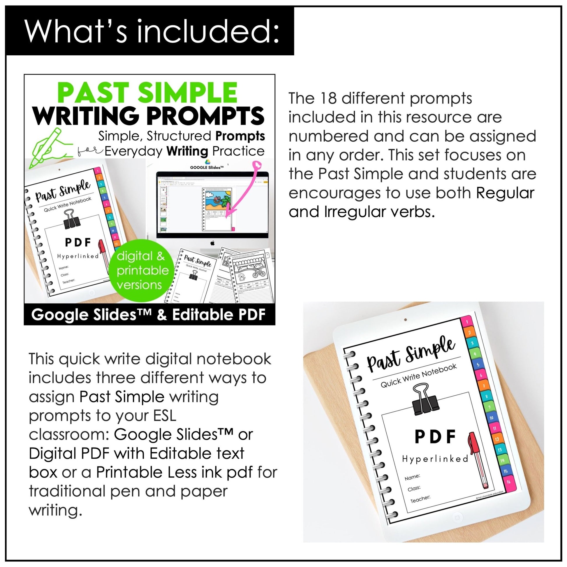 Present & Past Simple Writing Prompts Bundle – ESL Digital Writing Journals - Hot Chocolate Teachables