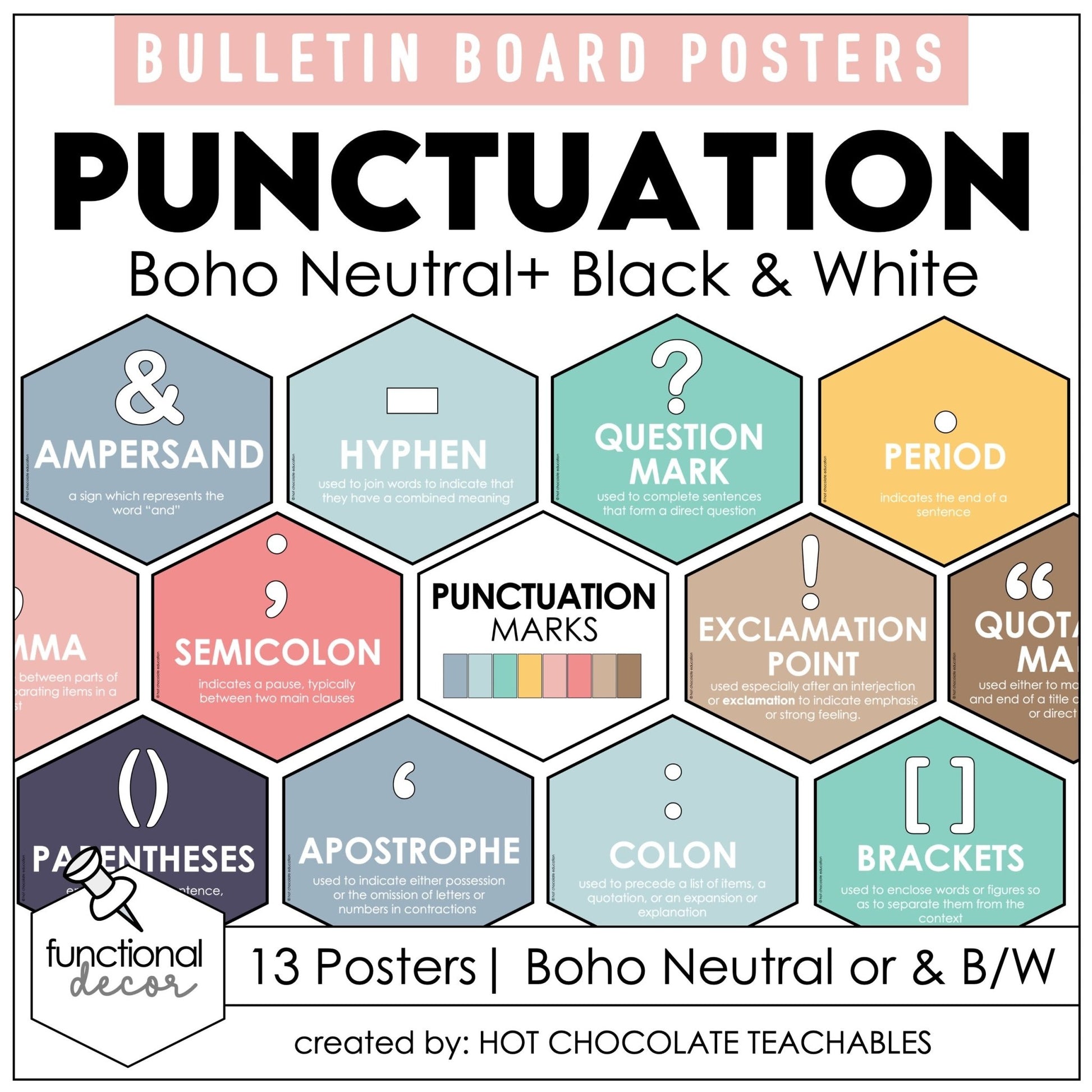 Punctuation Marks Posters: Visual Aid - Bulletin Board Classroom Decor - NEUTRAL - Hot Chocolate Teachables