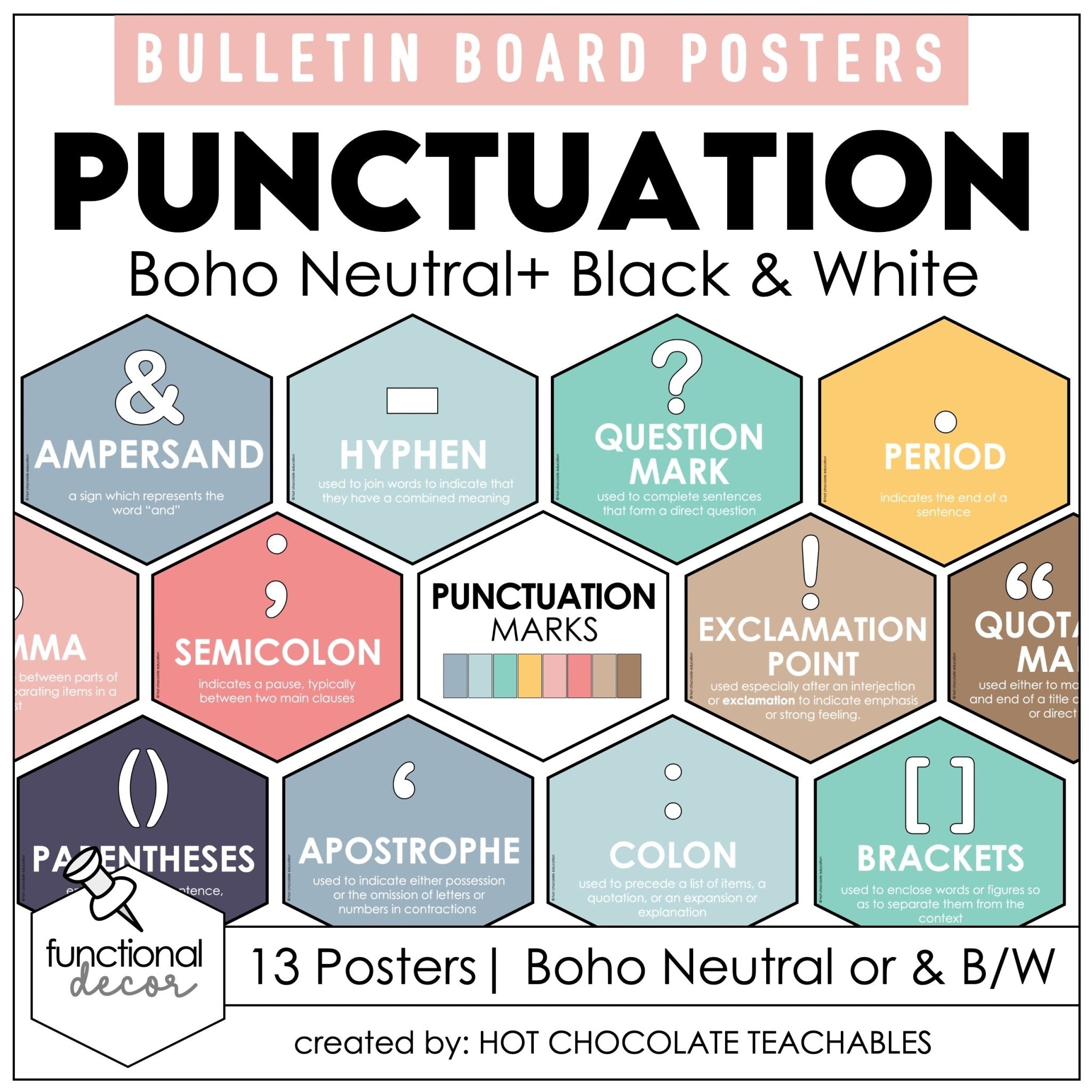 Punctuation Marks Posters: Visual Aid - Bulletin Board Classroom Decor - NEUTRAL - Hot Chocolate Teachables