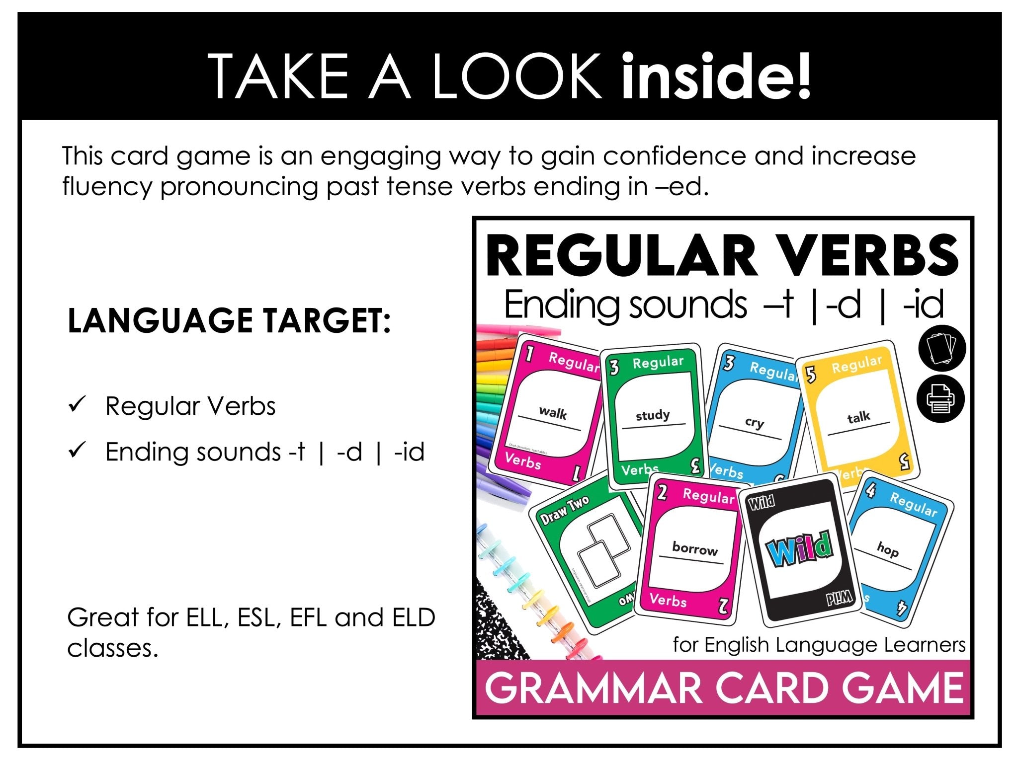 Regular Past Tense Verb Card Game - Ending Pronunciations - t - d - id - Hot Chocolate Teachables