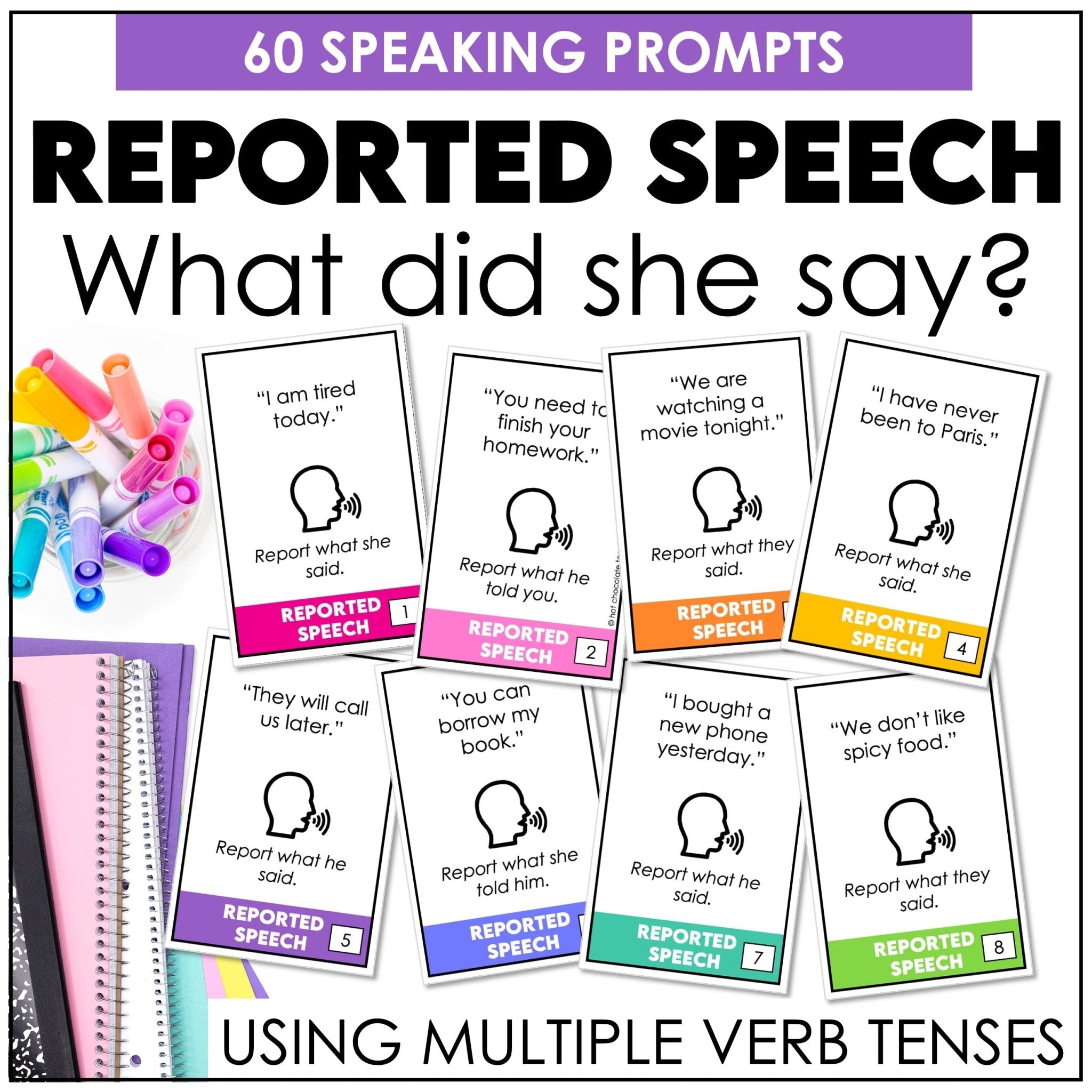 Reported Speech Task Cards – Statements, Questions & Commands ESL Grammar - Hot Chocolate Teachables