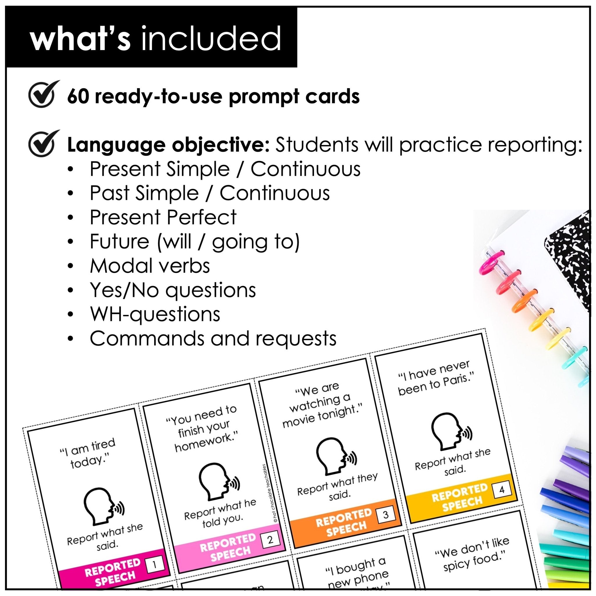 Reported Speech Task Cards – Statements, Questions & Commands ESL Grammar - Hot Chocolate Teachables