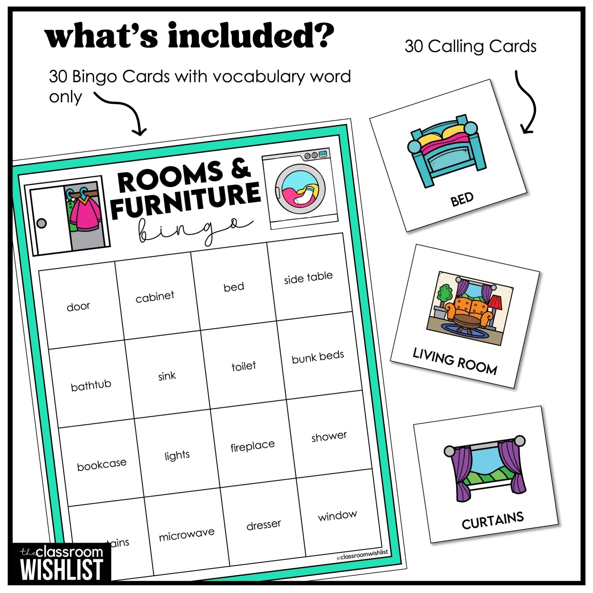 Rooms and Furniture in a House Bingo – 30 Game Cards | 3 Ways to Play for ESL - Hot Chocolate Teachables