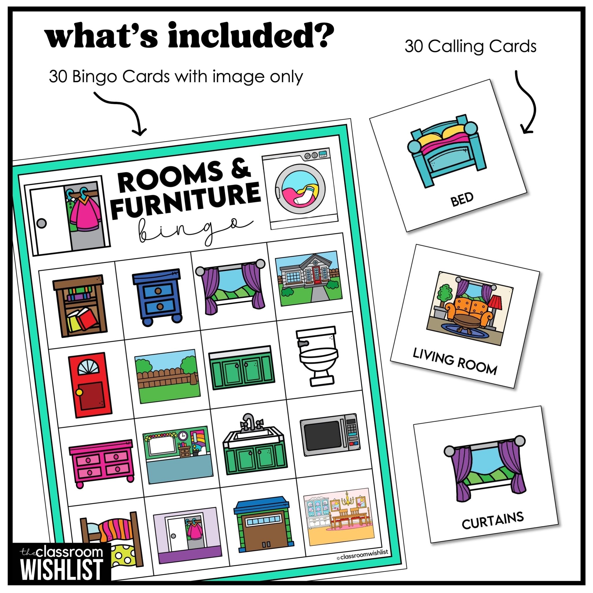 Rooms and Furniture in a House Bingo – 30 Game Cards | 3 Ways to Play for ESL - Hot Chocolate Teachables