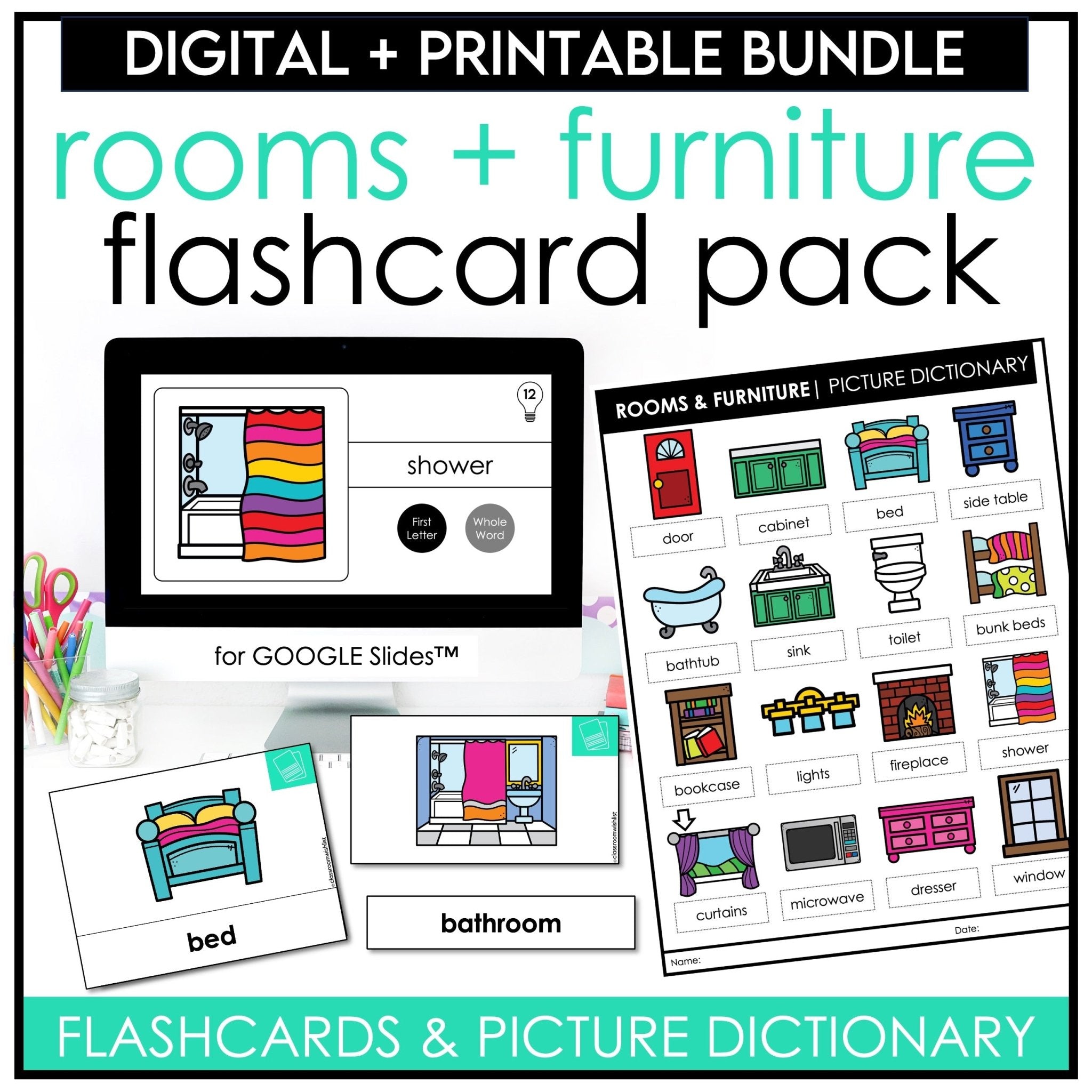 Rooms & Furniture Vocabulary Flashcard Bundle | Print & Digital | ESL, EFL, ELL - Hot Chocolate Teachables