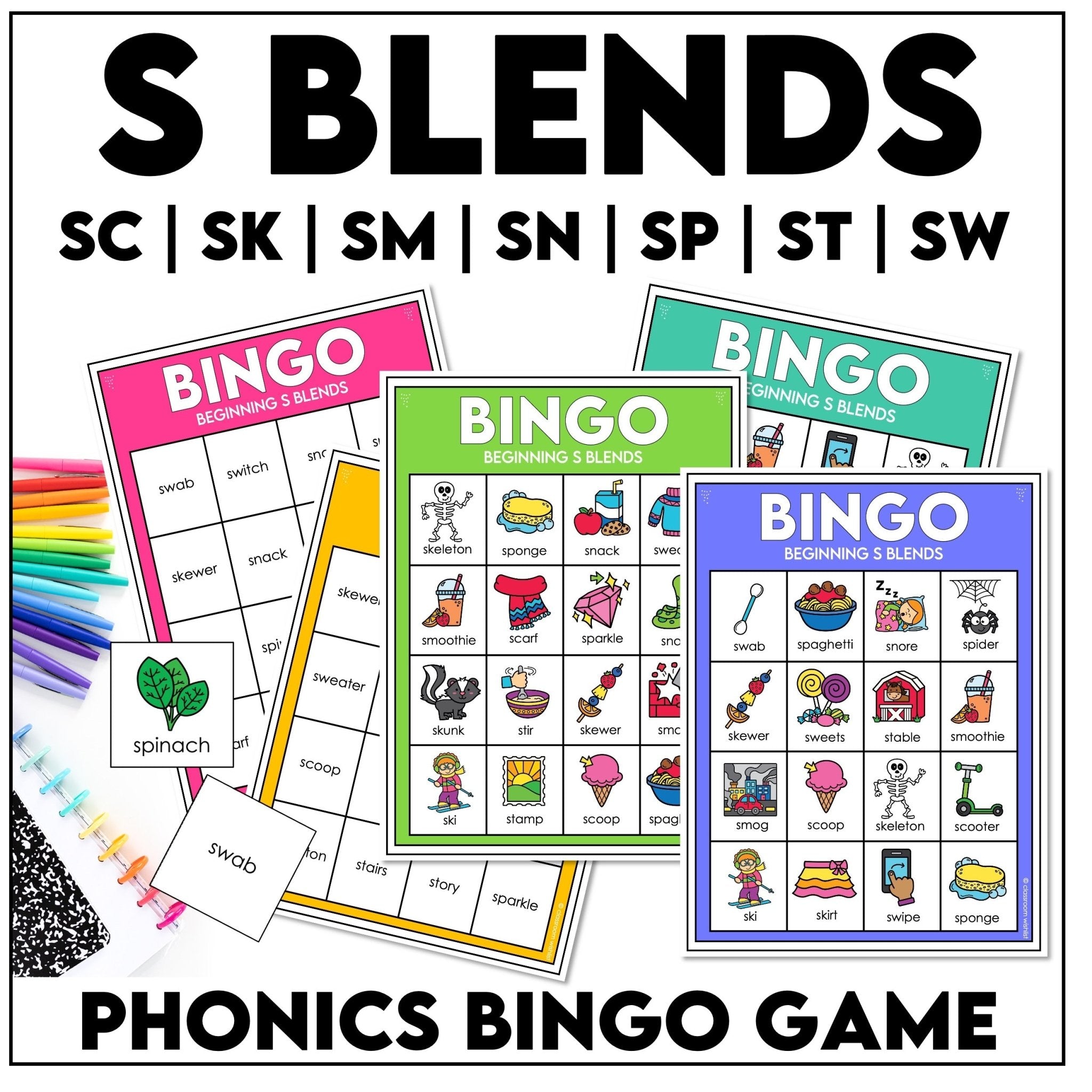 S Blends Bingo Game – Beginning Consonant Blends SC, SK, SM, SN, SL, SP, ST, SW Phonics - Hot Chocolate Teachables