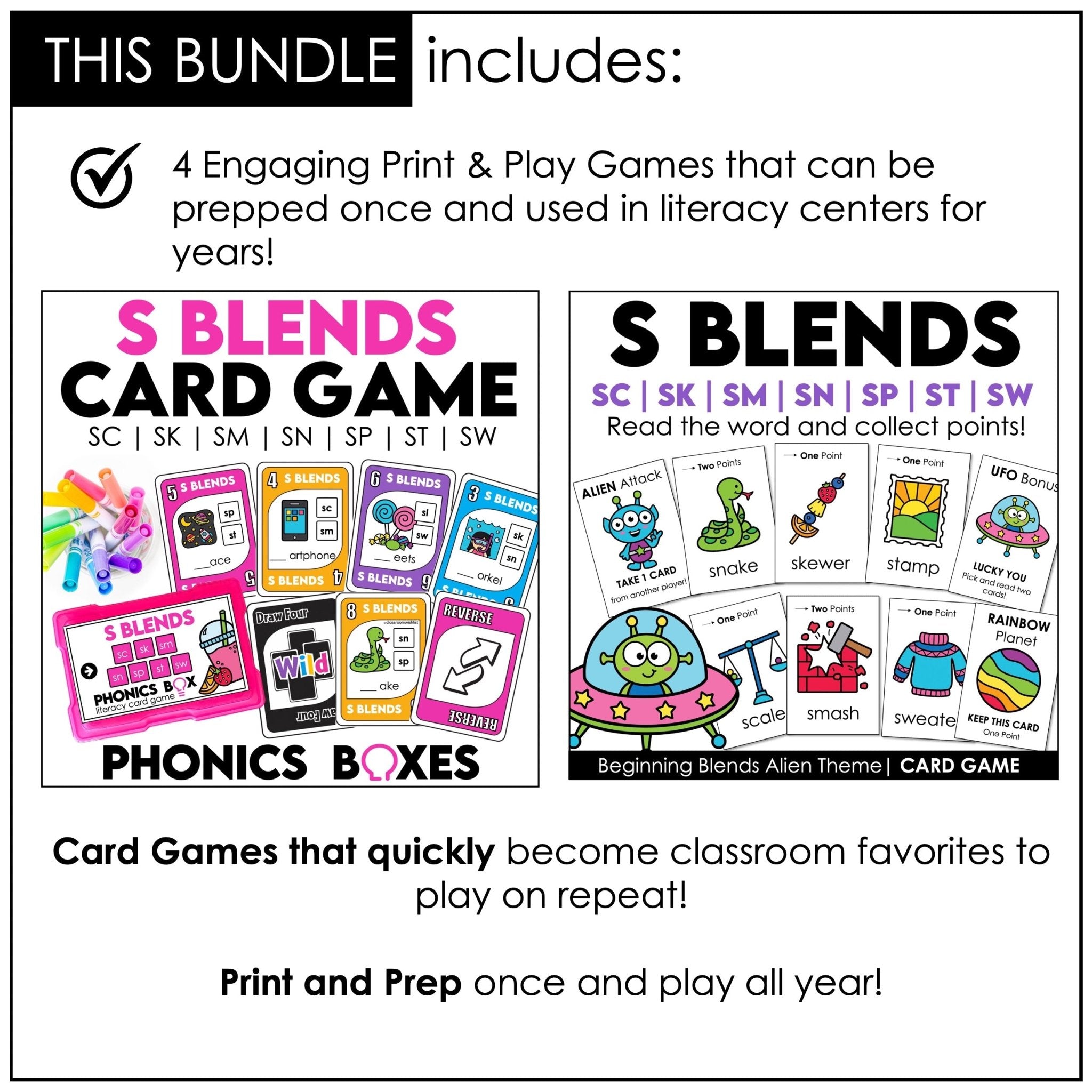 S Blends Phonics Games Bundle – Card Games, Bingo & Task Card Activities - Hot Chocolate Teachables