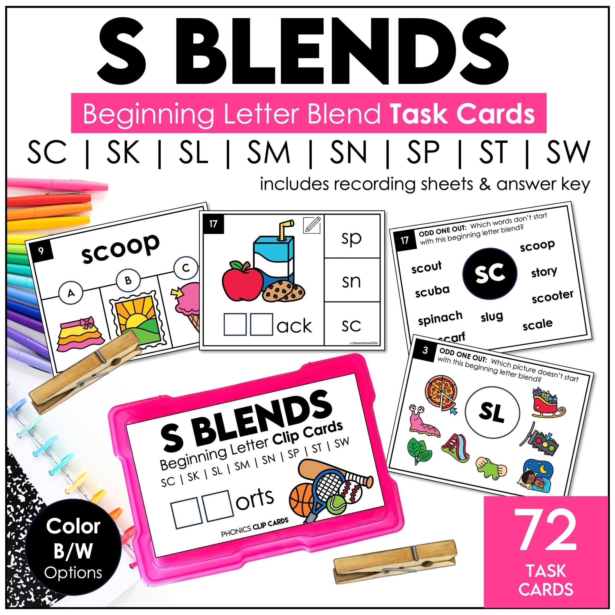 S Blends Task Cards – Beginning Sounds SC, SK, SL, SM, SN, SP, ST, SW Phonics Centers - Hot Chocolate Teachables