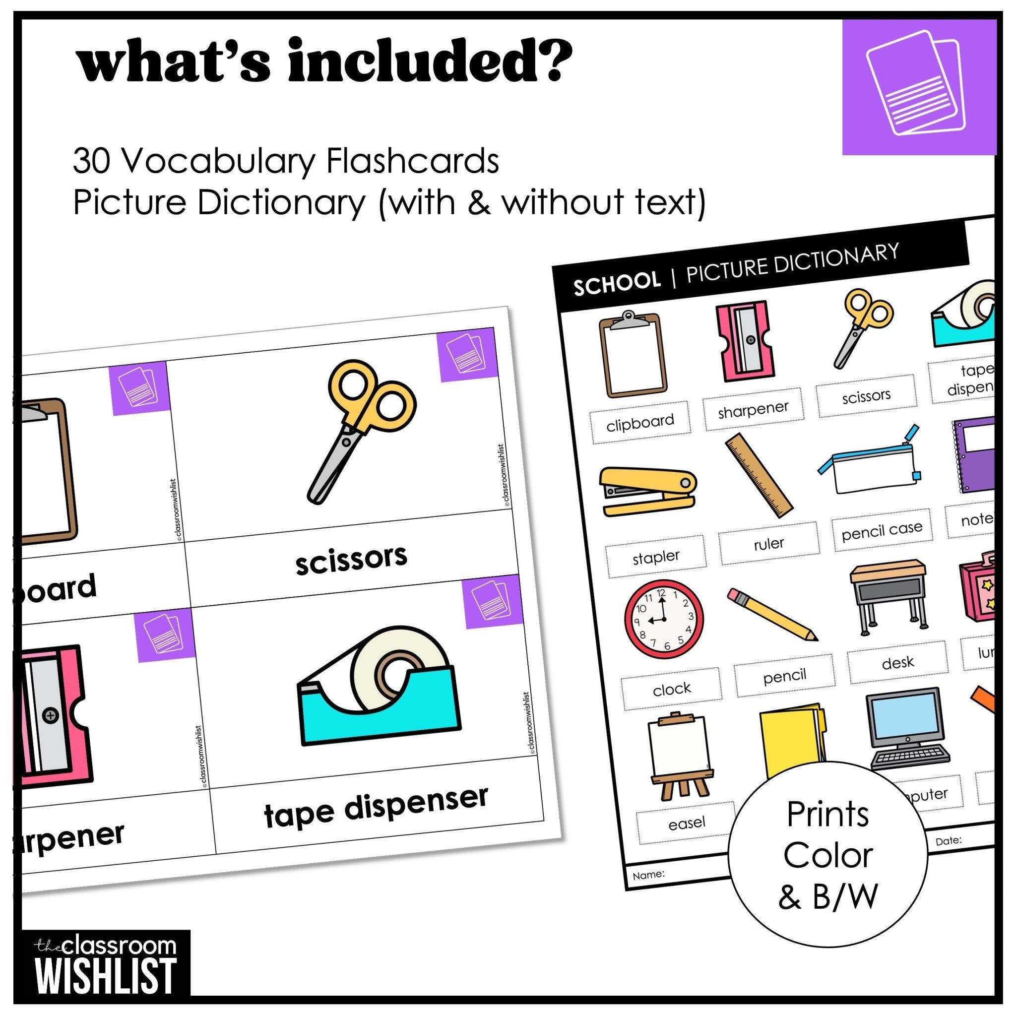 School & Classroom Vocabulary Flashcards + Picture Dictionary Print + Digital - Hot Chocolate Teachables