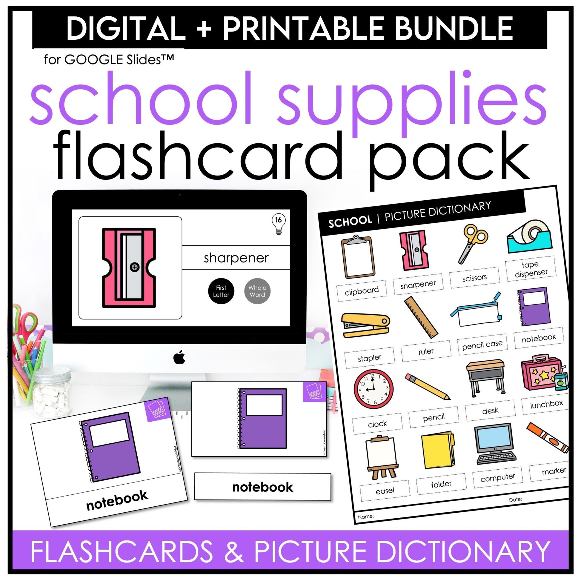 School & Classroom Vocabulary Flashcards + Picture Dictionary Print + Digital - Hot Chocolate Teachables