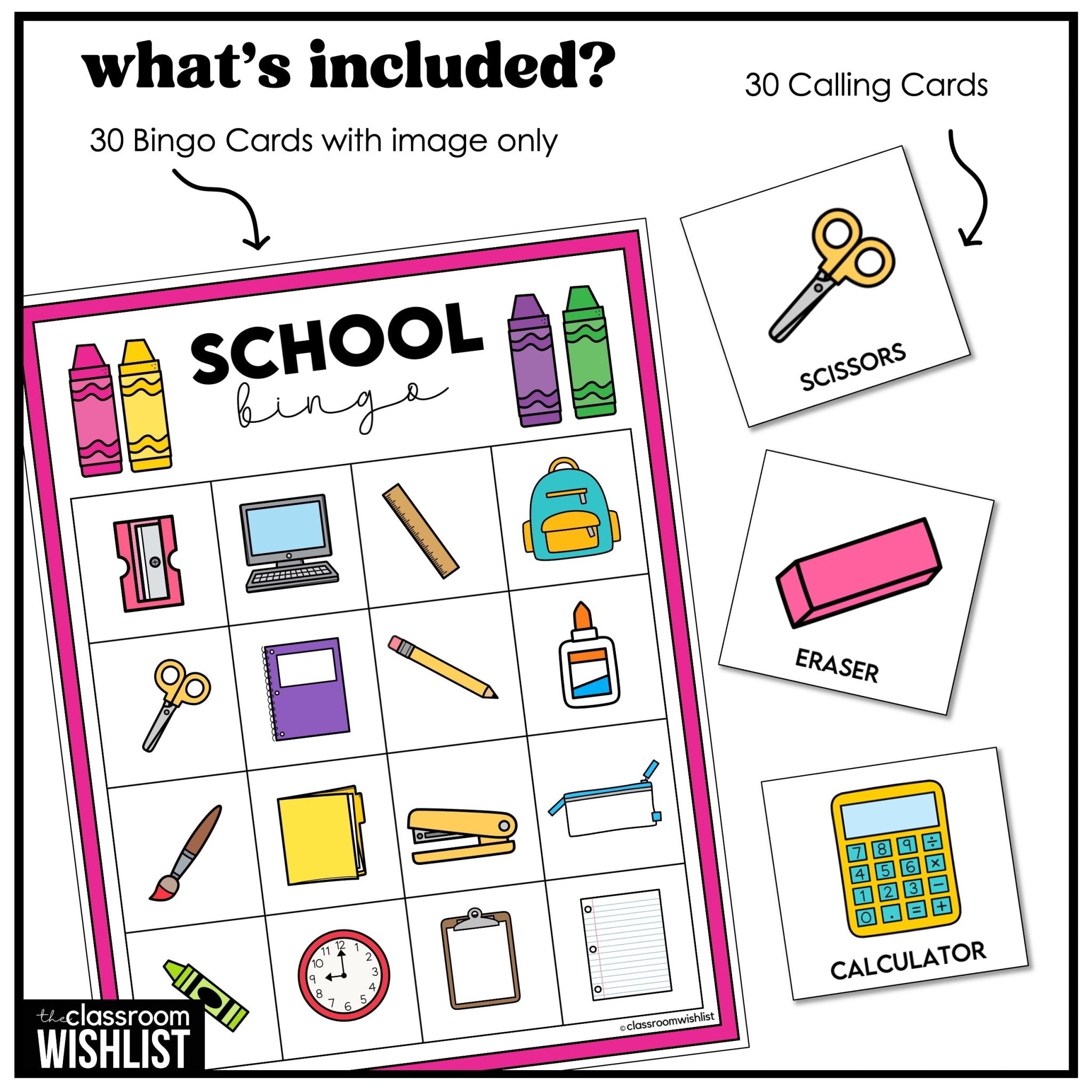 School Supplies Bingo – Back to School Classroom Vocabulary Game - Play 3 Ways - Hot Chocolate Teachables