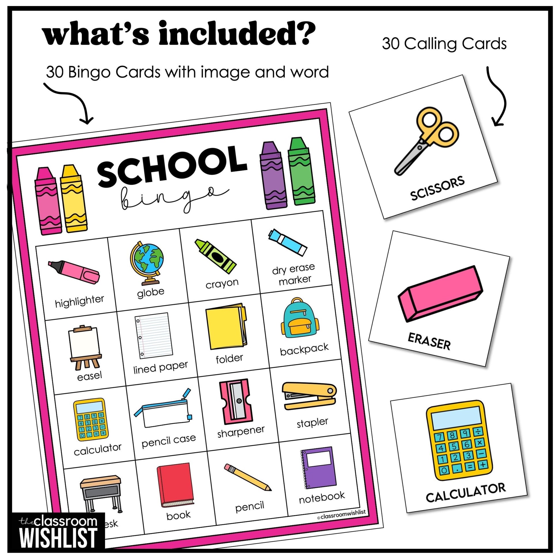 School Supplies Bingo – Back to School Classroom Vocabulary Game - Play 3 Ways - Hot Chocolate Teachables