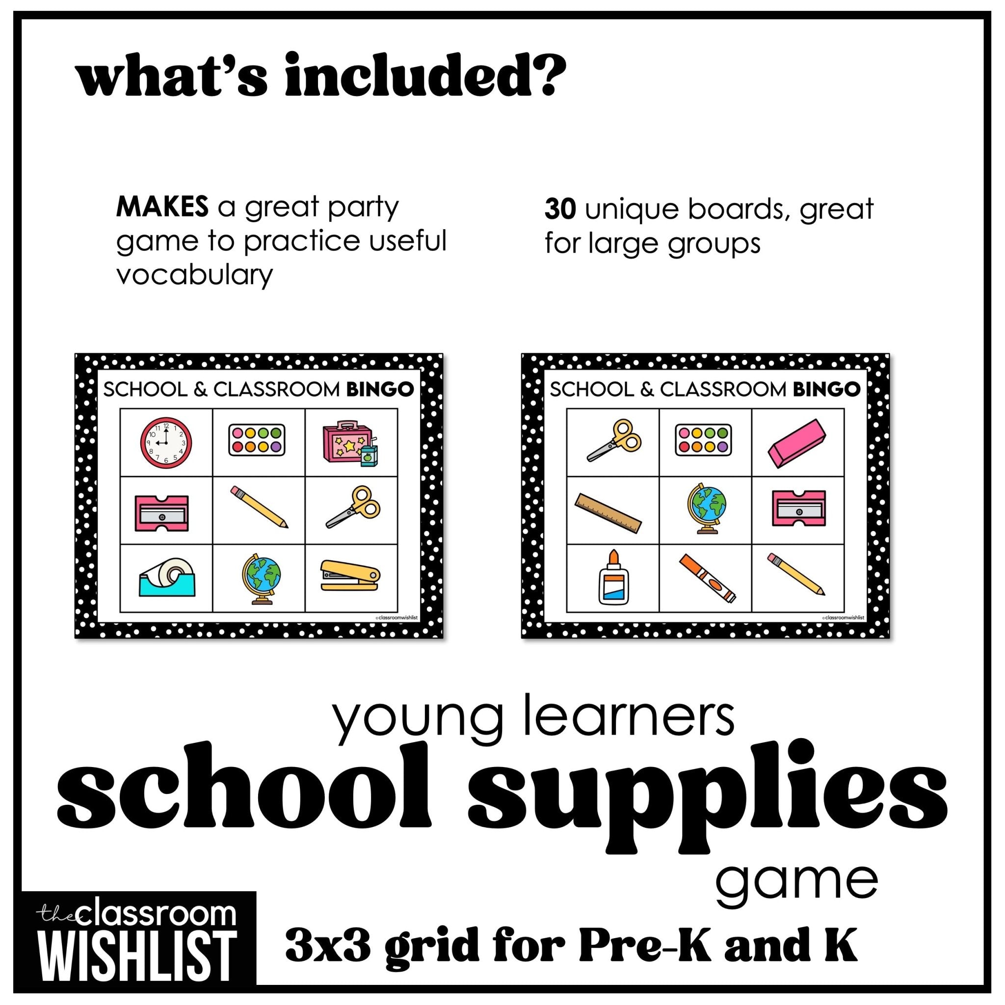 School Supplies Bingo Game Preschool & Kindergarten | Classroom Objects - Hot Chocolate Teachables