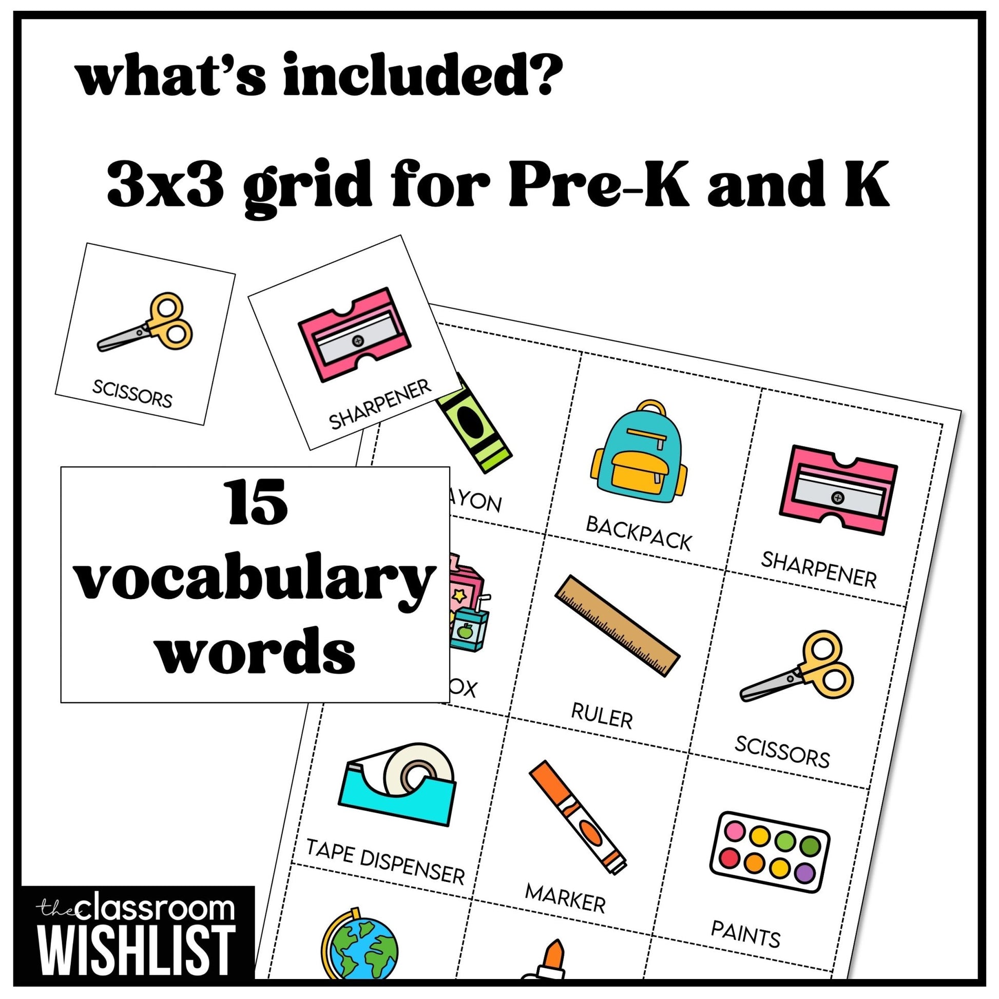 School Supplies Bingo Game Preschool & Kindergarten | Classroom Objects - Hot Chocolate Teachables