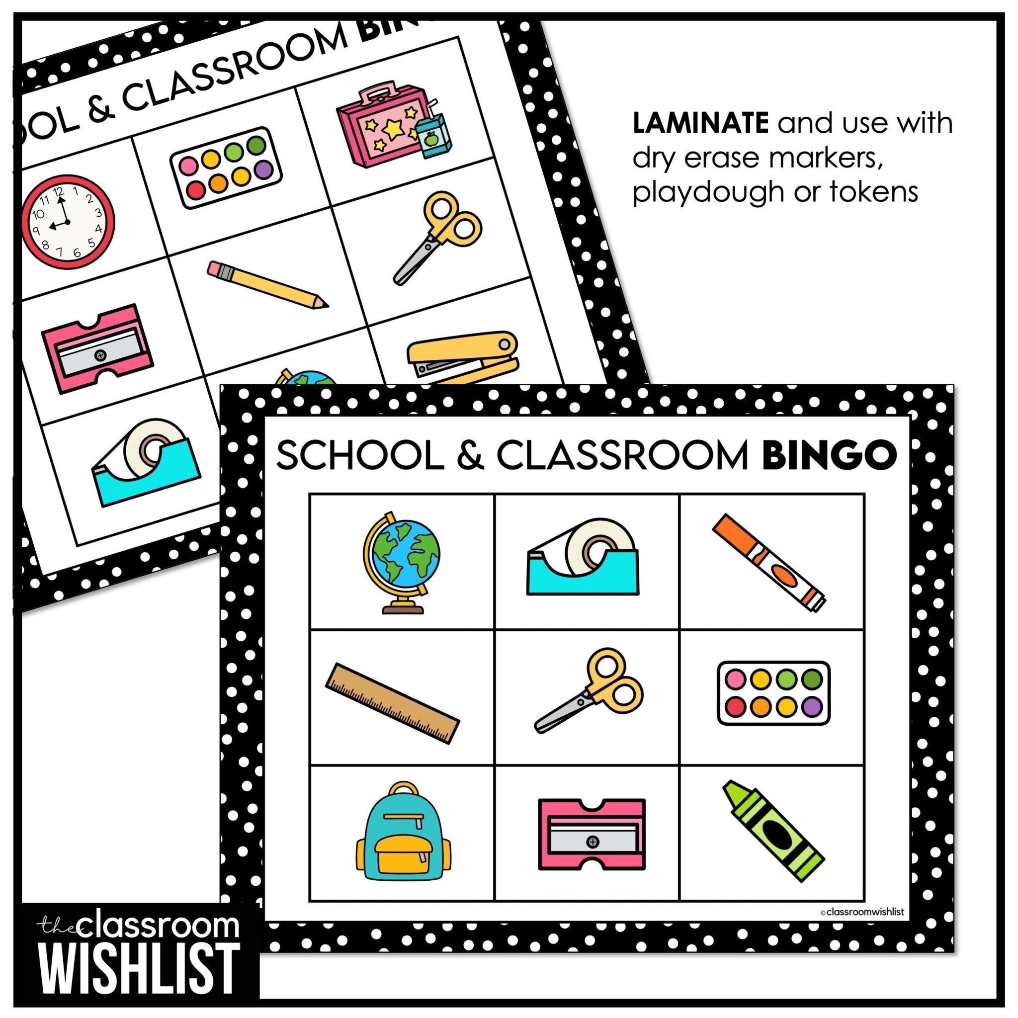 School Supplies Bingo Game Preschool & Kindergarten | Classroom Objects - Hot Chocolate Teachables