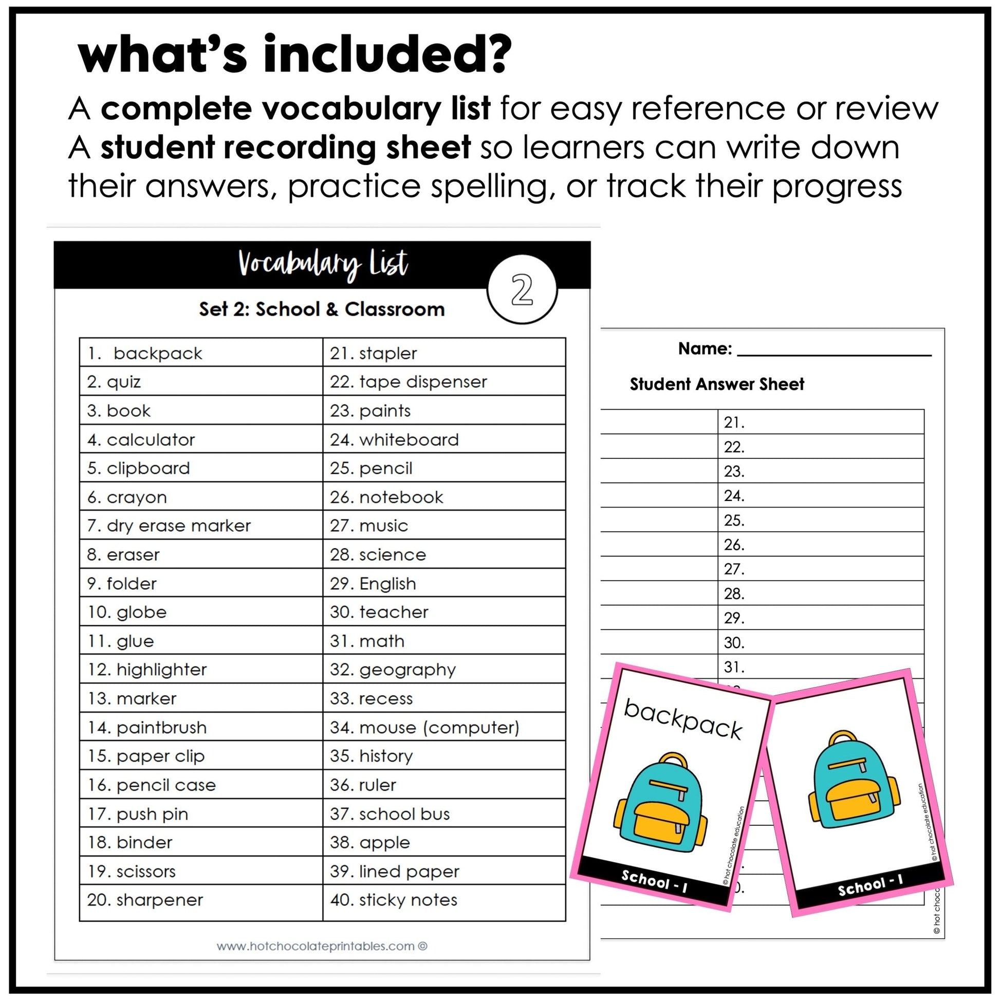 School Supplies & Classroom Vocabulary ESL Flashcards - Hot Chocolate Teachables