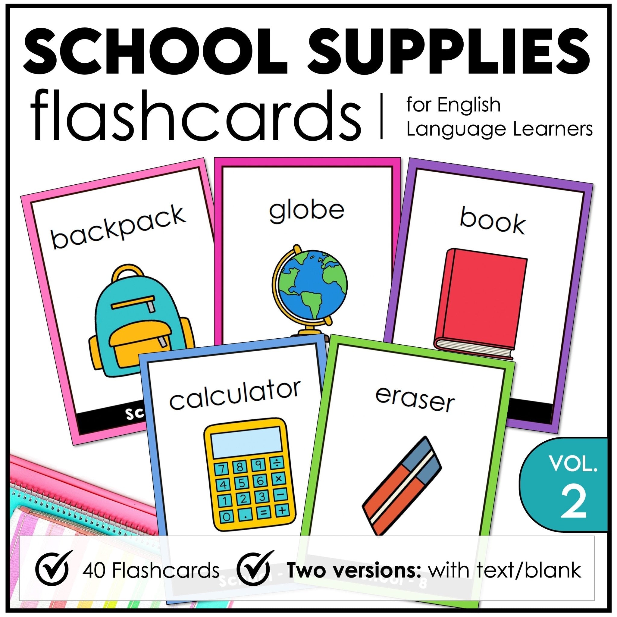 School Supplies & Classroom Vocabulary ESL Flashcards - Hot Chocolate Teachables