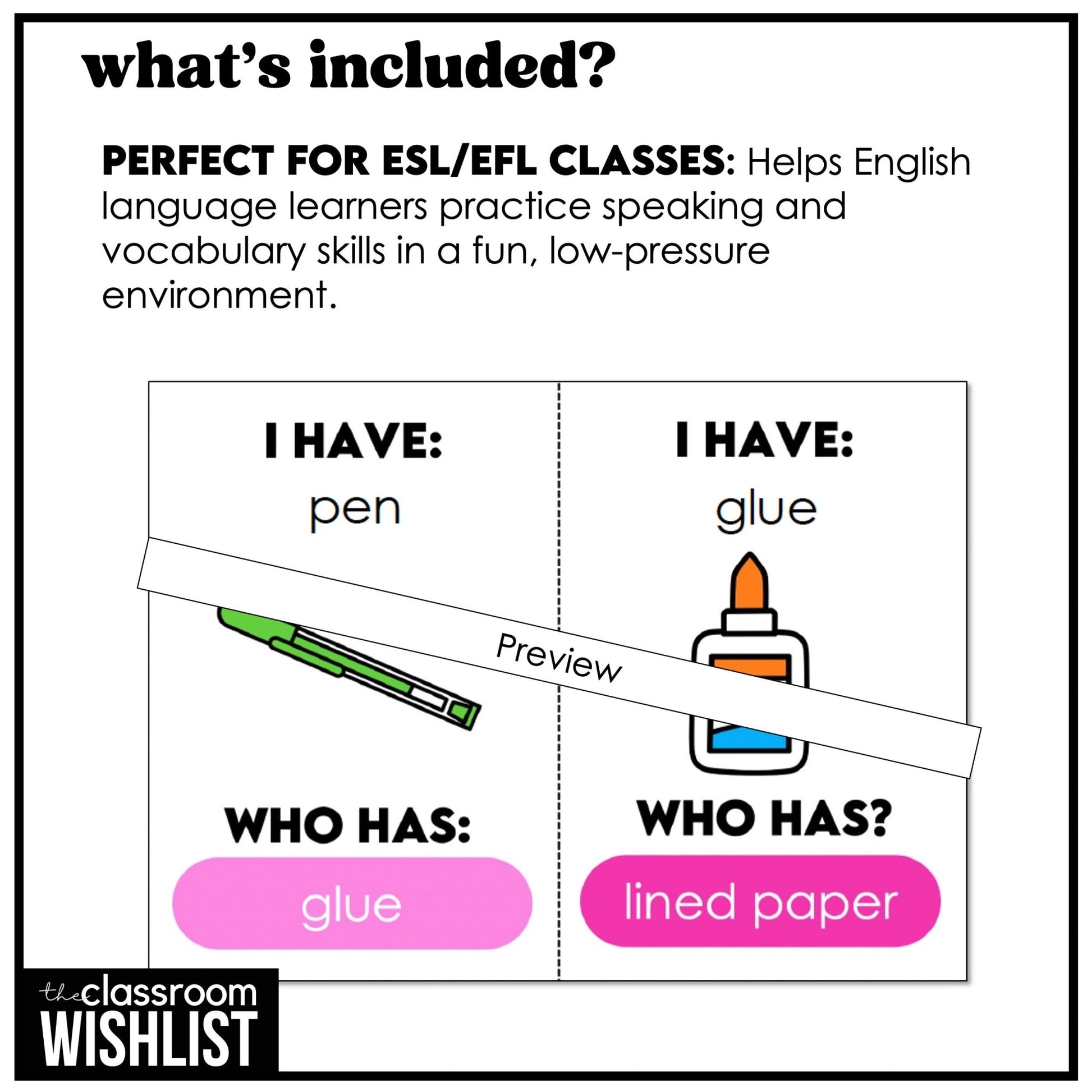 School Supplies - I Have, Who Has? Card Game | Classroom Vocabulary Activity - Hot Chocolate Teachables