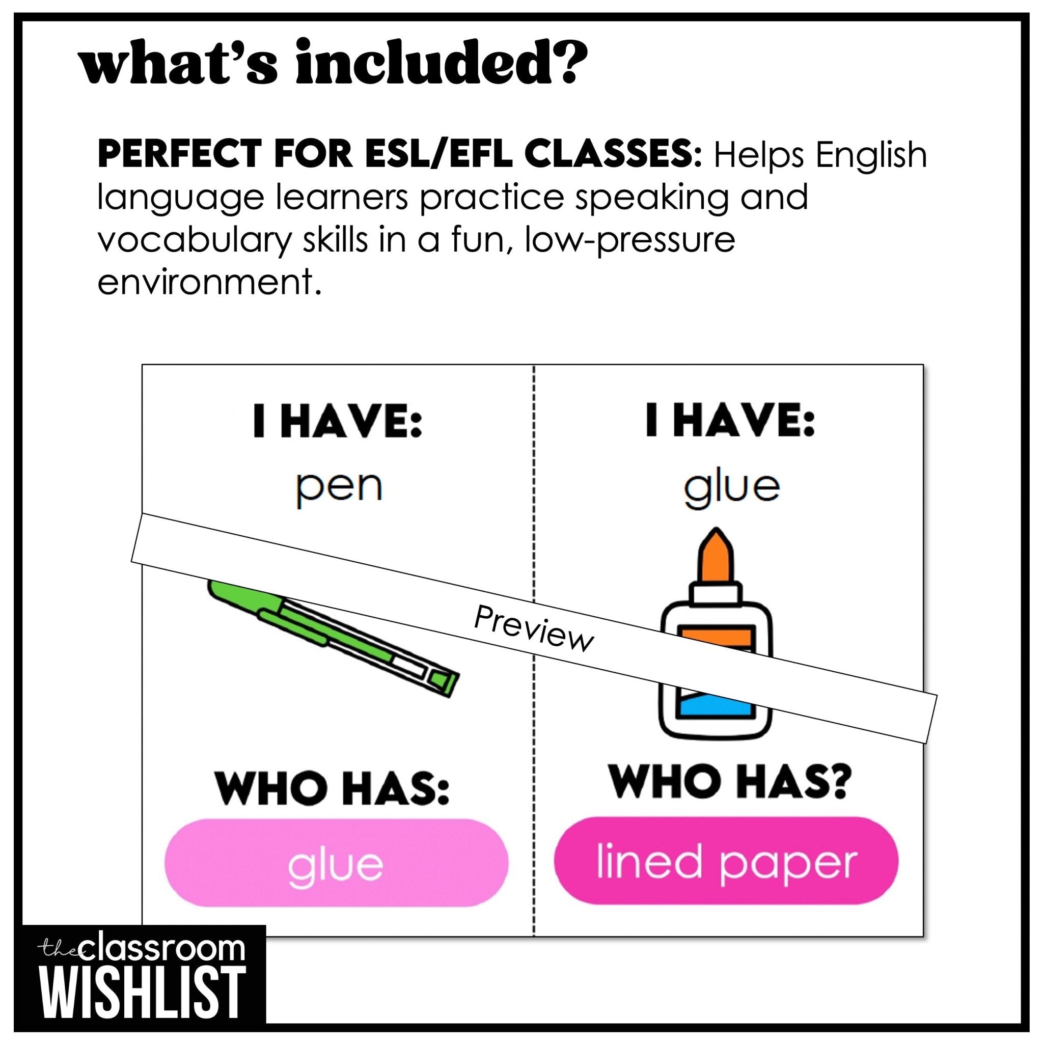 School Supplies - I Have, Who Has? Card Game | Classroom Vocabulary Activity - Hot Chocolate Teachables