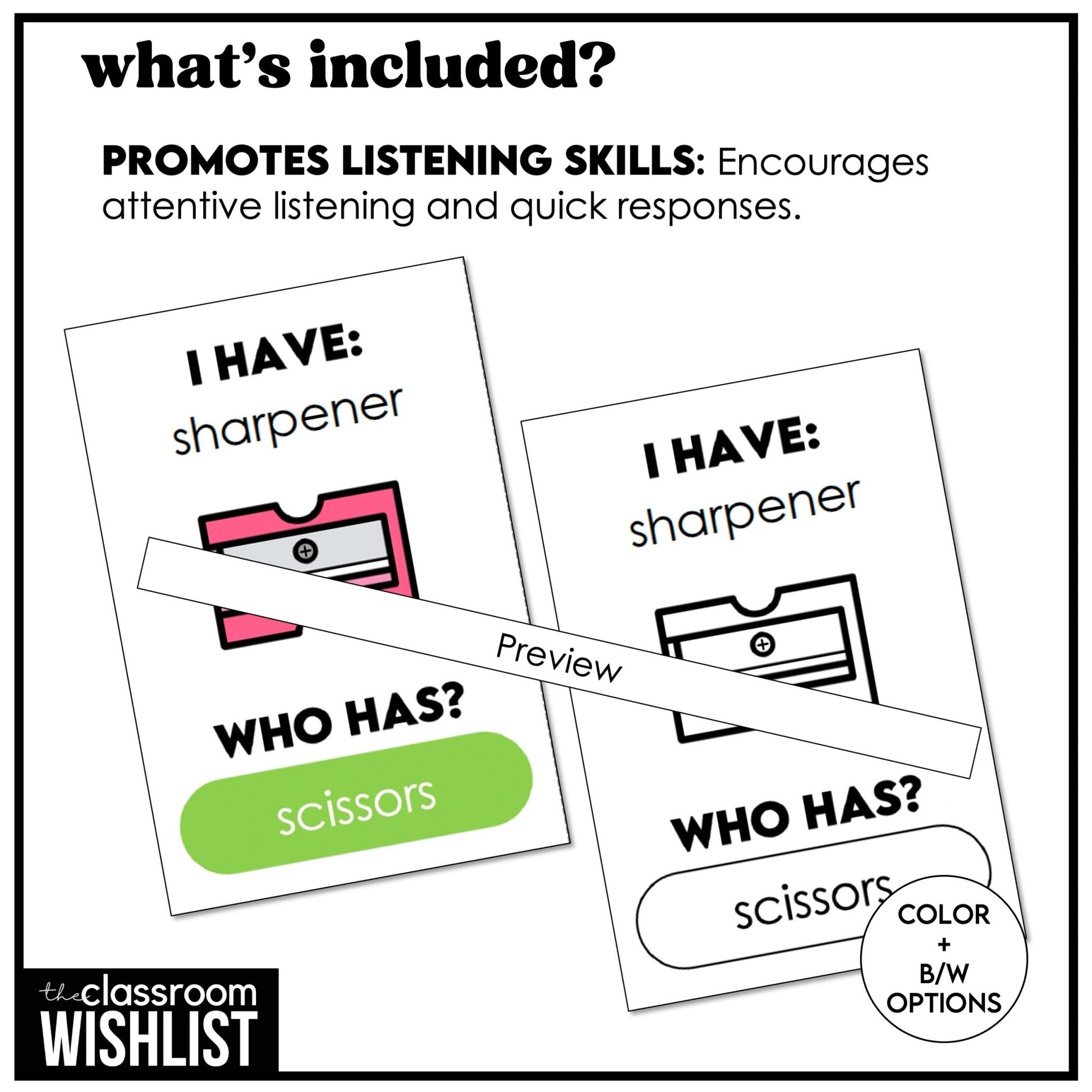 School Supplies - I Have, Who Has? Card Game | Classroom Vocabulary Activity - Hot Chocolate Teachables