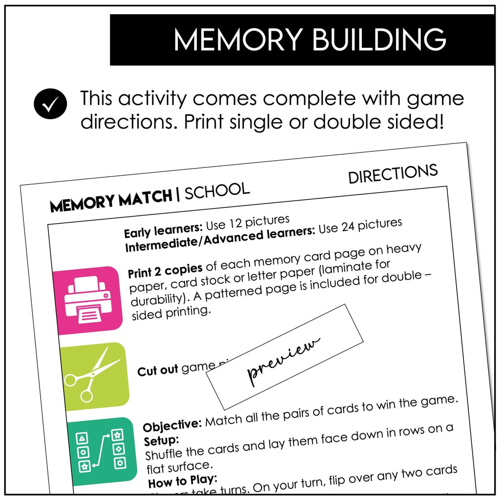 School Supplies Vocabulary Memory Match - Hot Chocolate Teachables