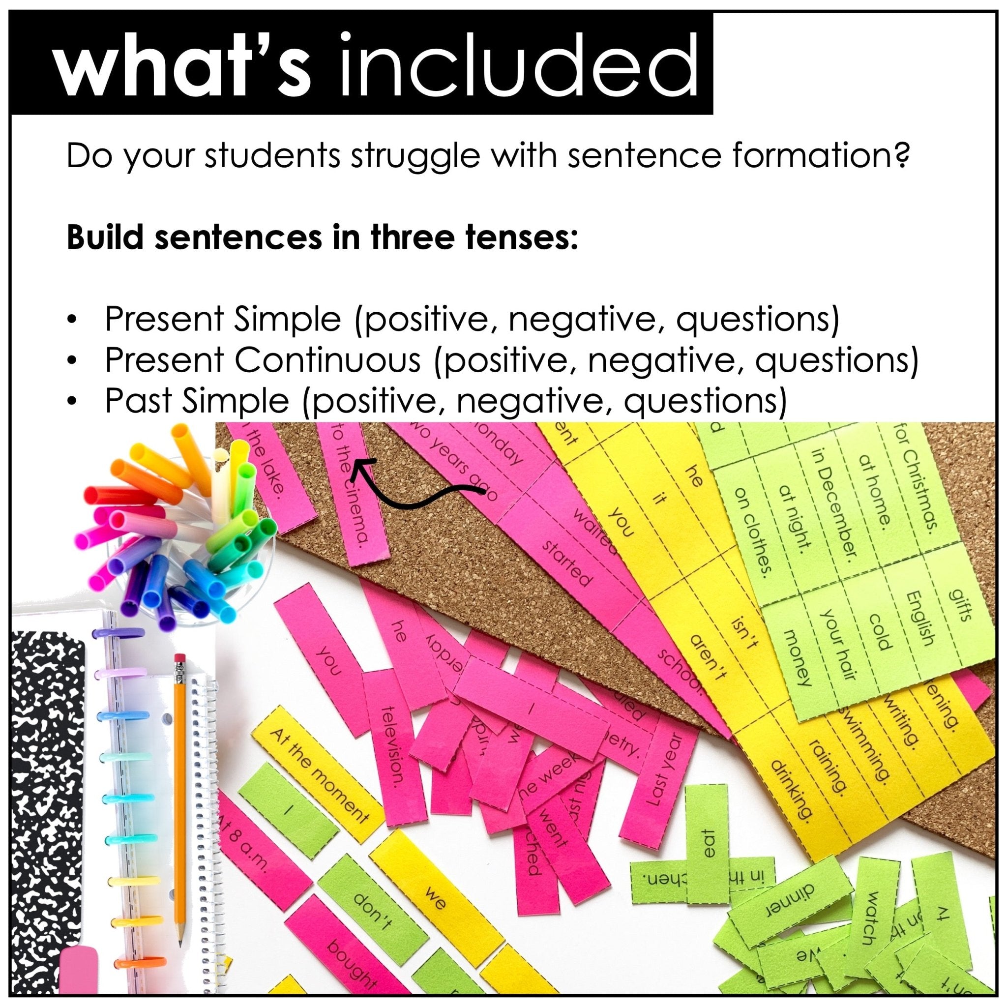 Sentence Building: Mixed Up Sentences Activity | Present & Past Tense - Hot Chocolate Teachables