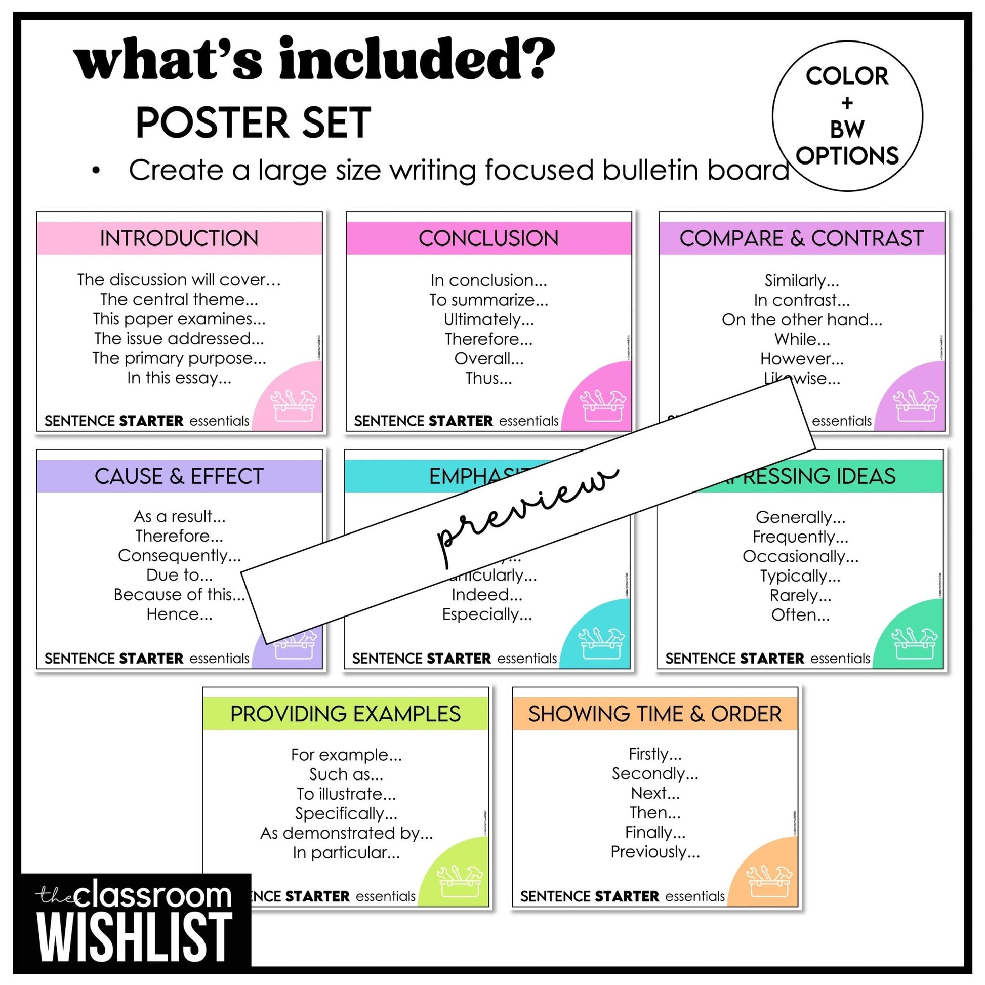 Sentence Starters Chart | Writing Reference Tool for Middle & High School, ESL, poster - Hot Chocolate Teachables