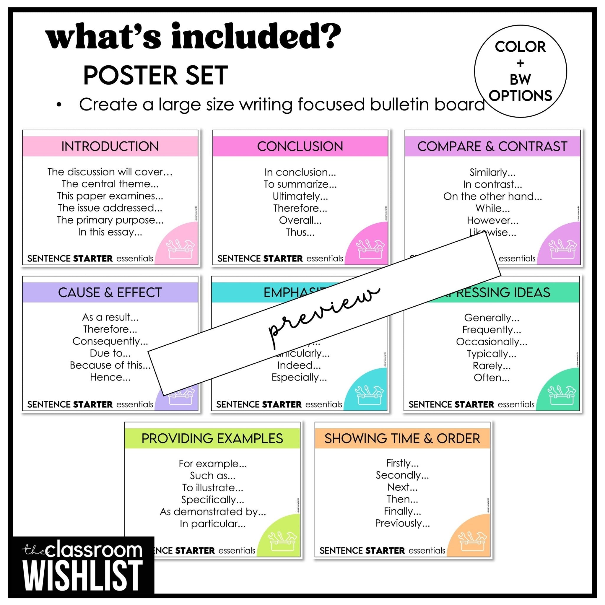 Sentence Starters Chart | Writing Reference Tool for Middle & High School, ESL, poster - Hot Chocolate Teachables
