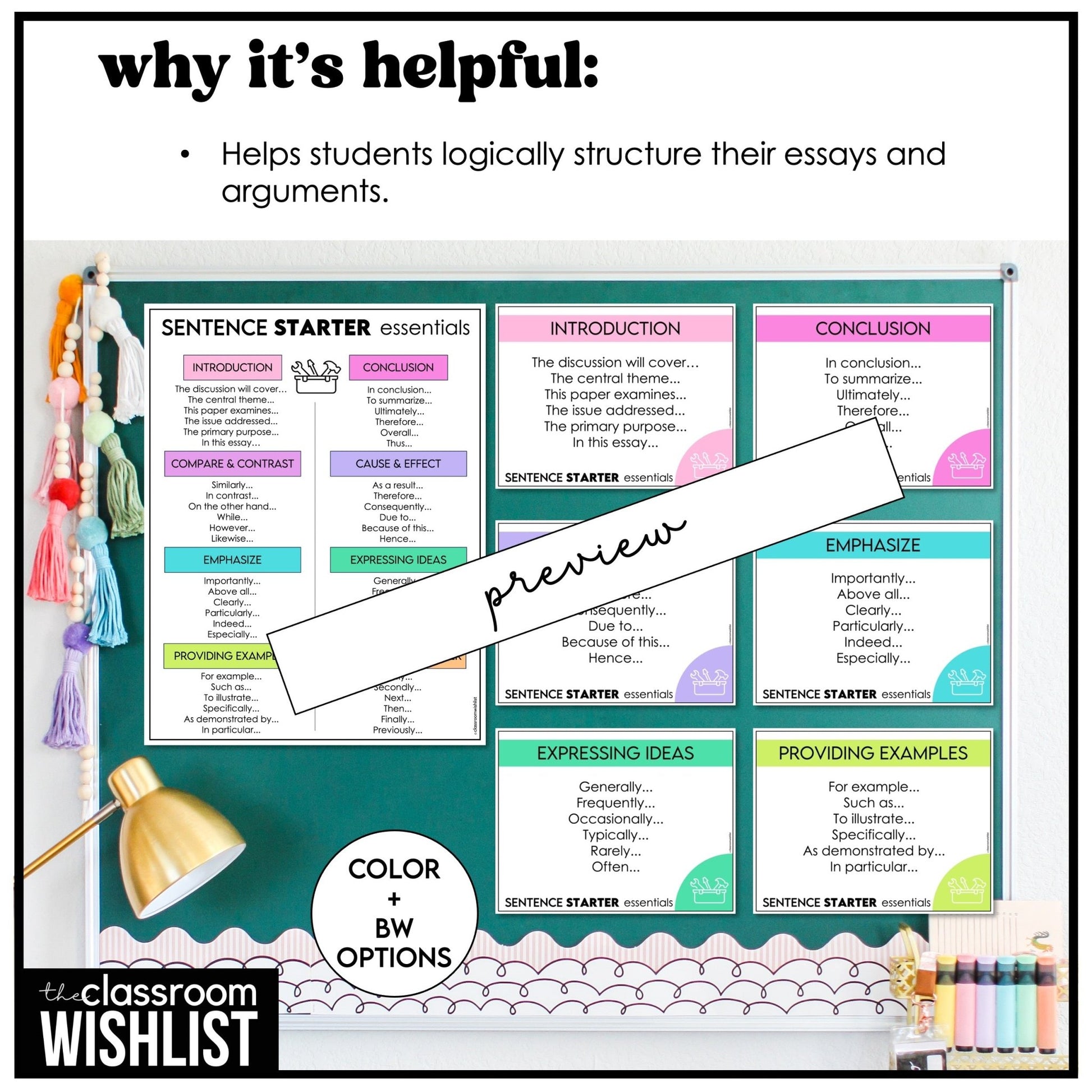 Sentence Starters Chart | Writing Reference Tool for Middle & High School, ESL, poster - Hot Chocolate Teachables