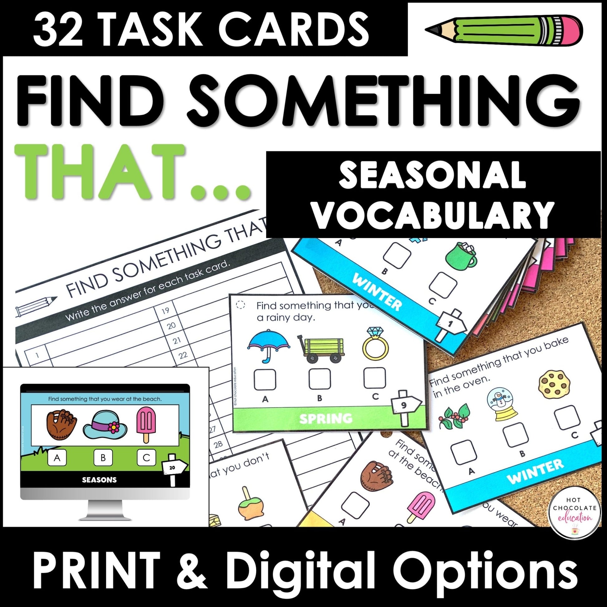 Sentence & Vocabulary Comprehension Task Cards - Spring Summer Fall Winter - Hot Chocolate Teachables