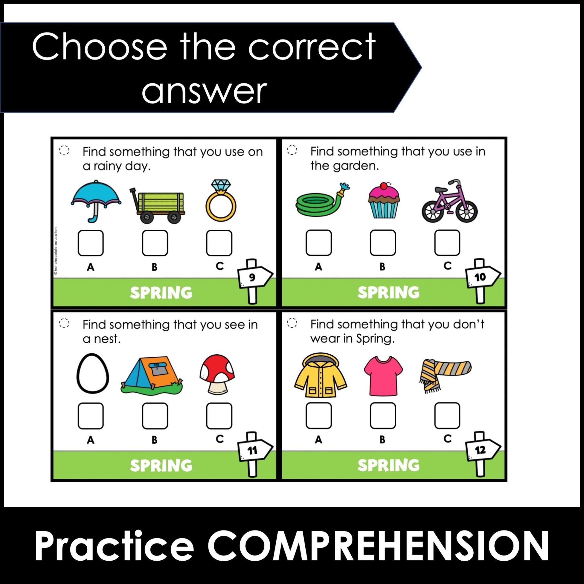 Sentence & Vocabulary Comprehension Task Cards - Spring Summer Fall Winter - Hot Chocolate Teachables