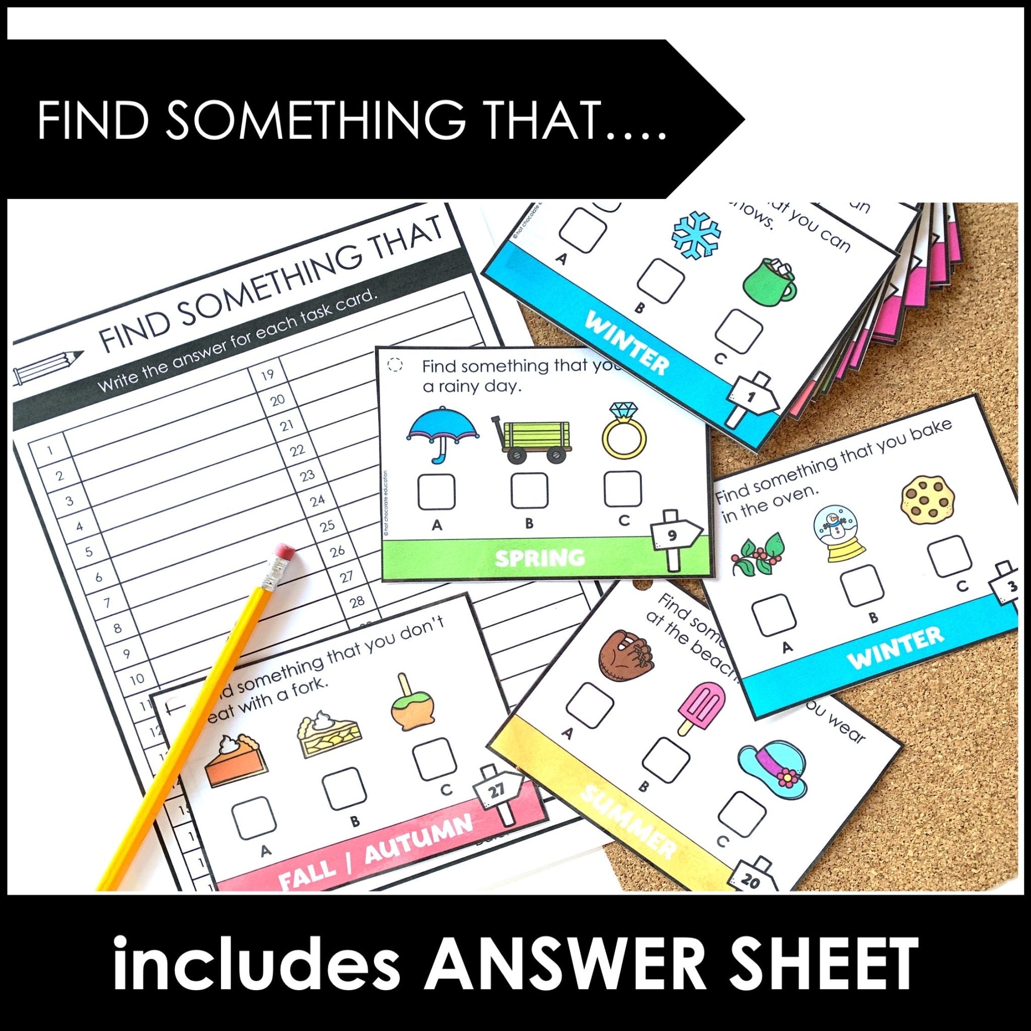 Sentence & Vocabulary Comprehension Task Cards - Spring Summer Fall Winter - Hot Chocolate Teachables