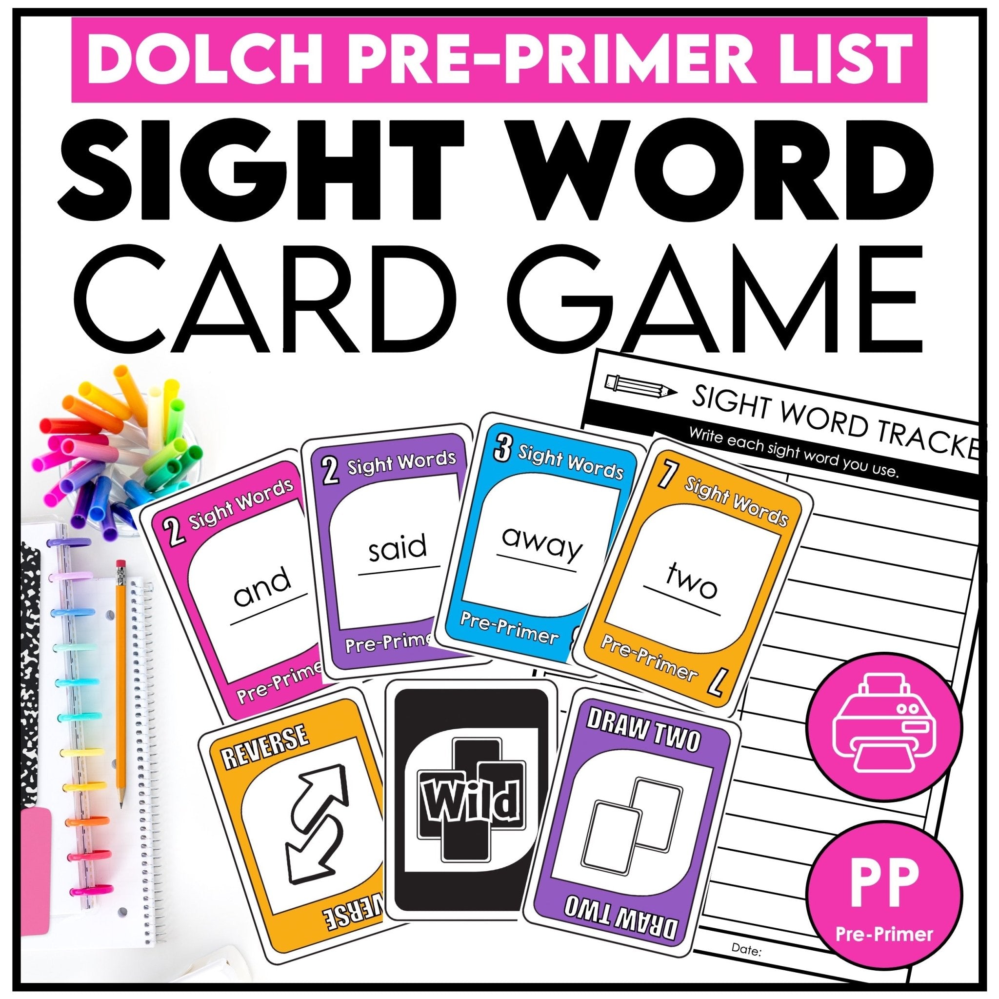 Sight Word Reading Practice Card Game | Pre - Primer Dolch Aligned - Plays like UNO - Hot Chocolate Teachables