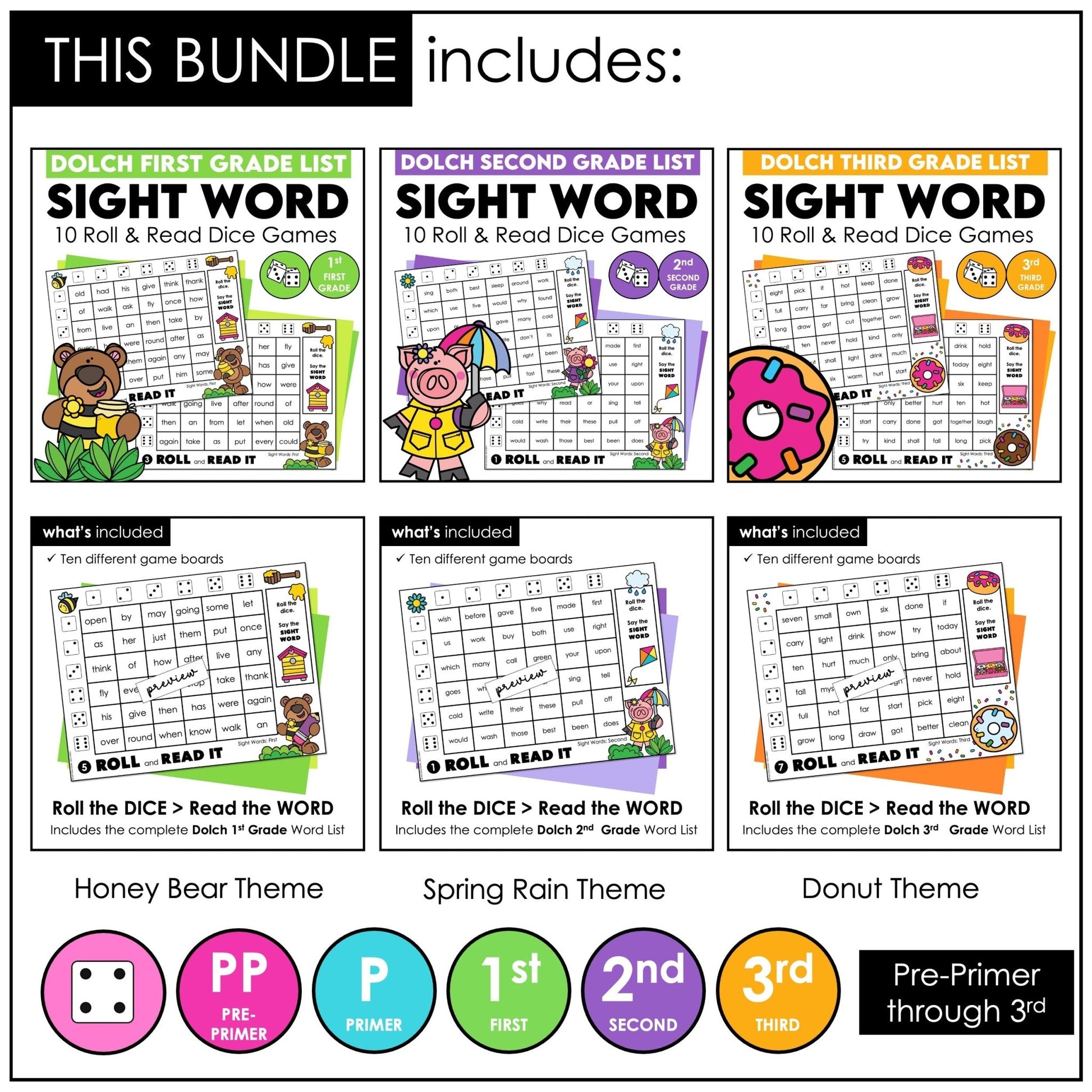 Sight Words Dice Games Bundle – Dolch Pre - Primer to 3rd Grade Reading Centers - Hot Chocolate Teachables