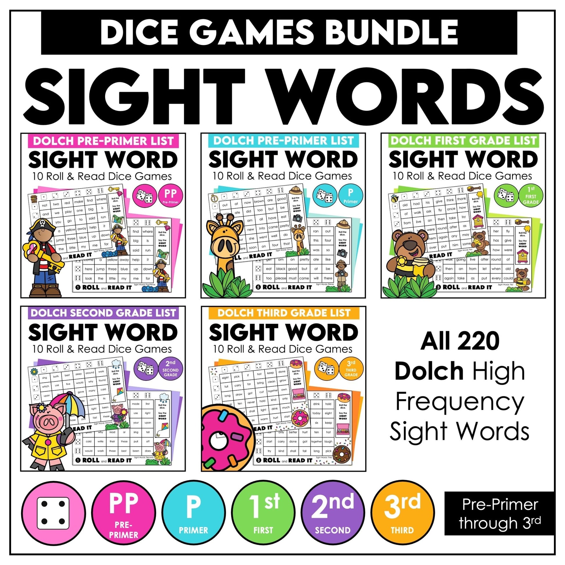 Sight Words Dice Games Bundle – Dolch Pre - Primer to 3rd Grade Reading Centers - Hot Chocolate Teachables