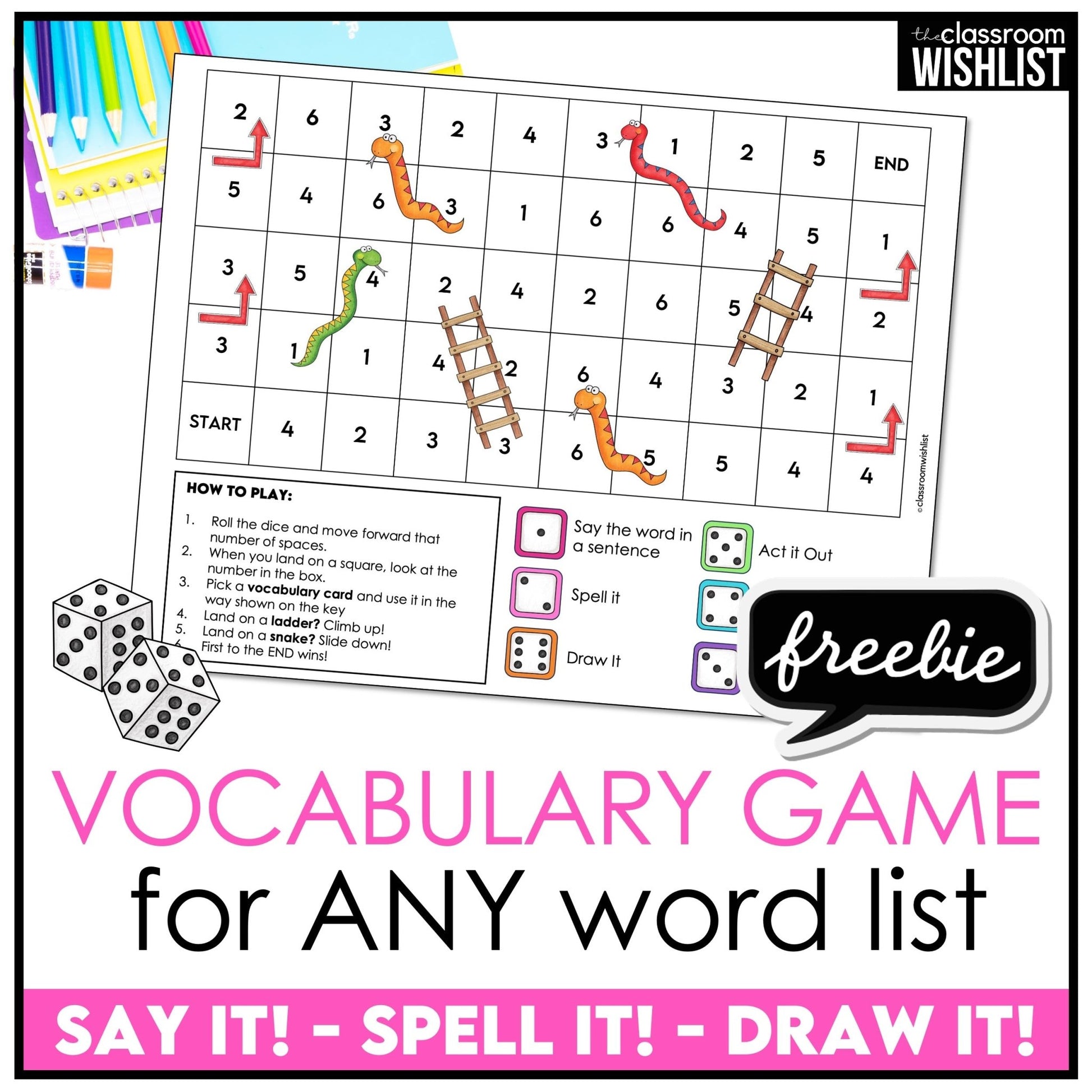 Snakes and Ladders Vocabulary Game Board – Free Printable for Any Word List - Hot Chocolate Teachables