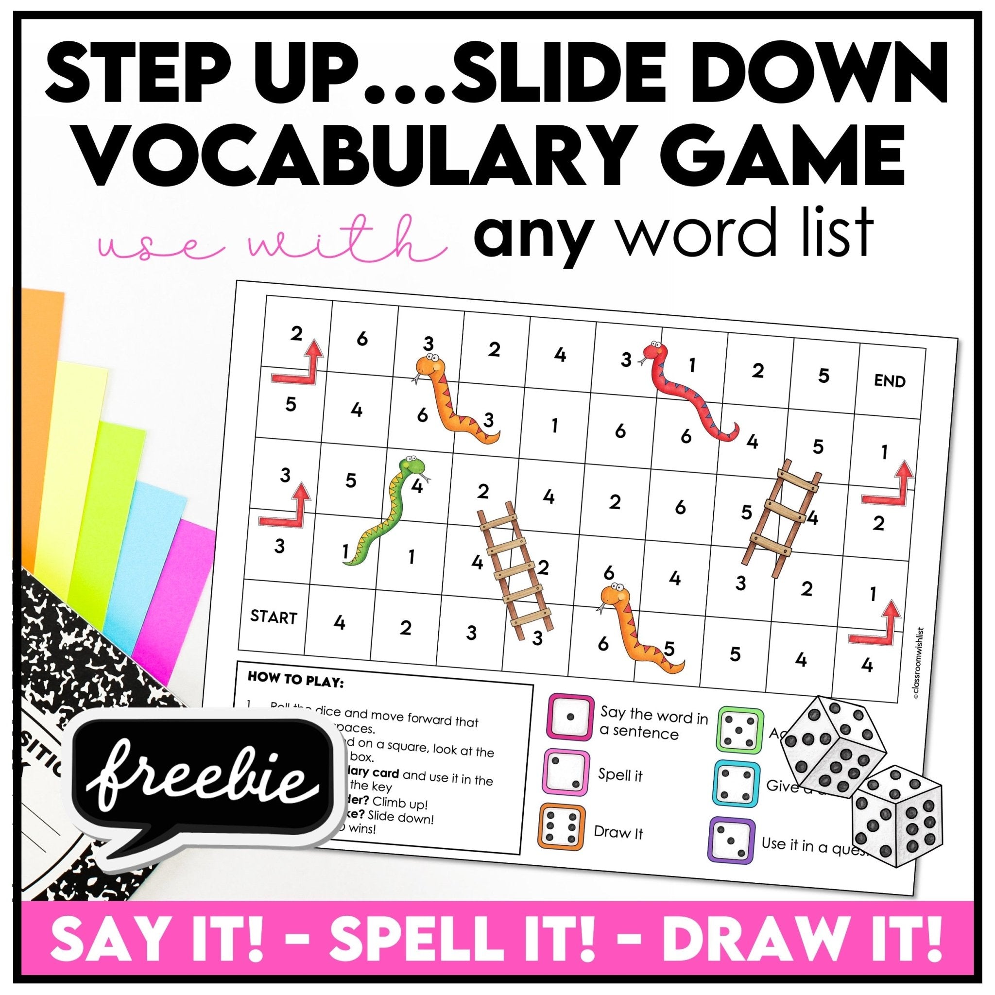 Snakes and Ladders Vocabulary Game Board – Free Printable for Any Word List - Hot Chocolate Teachables